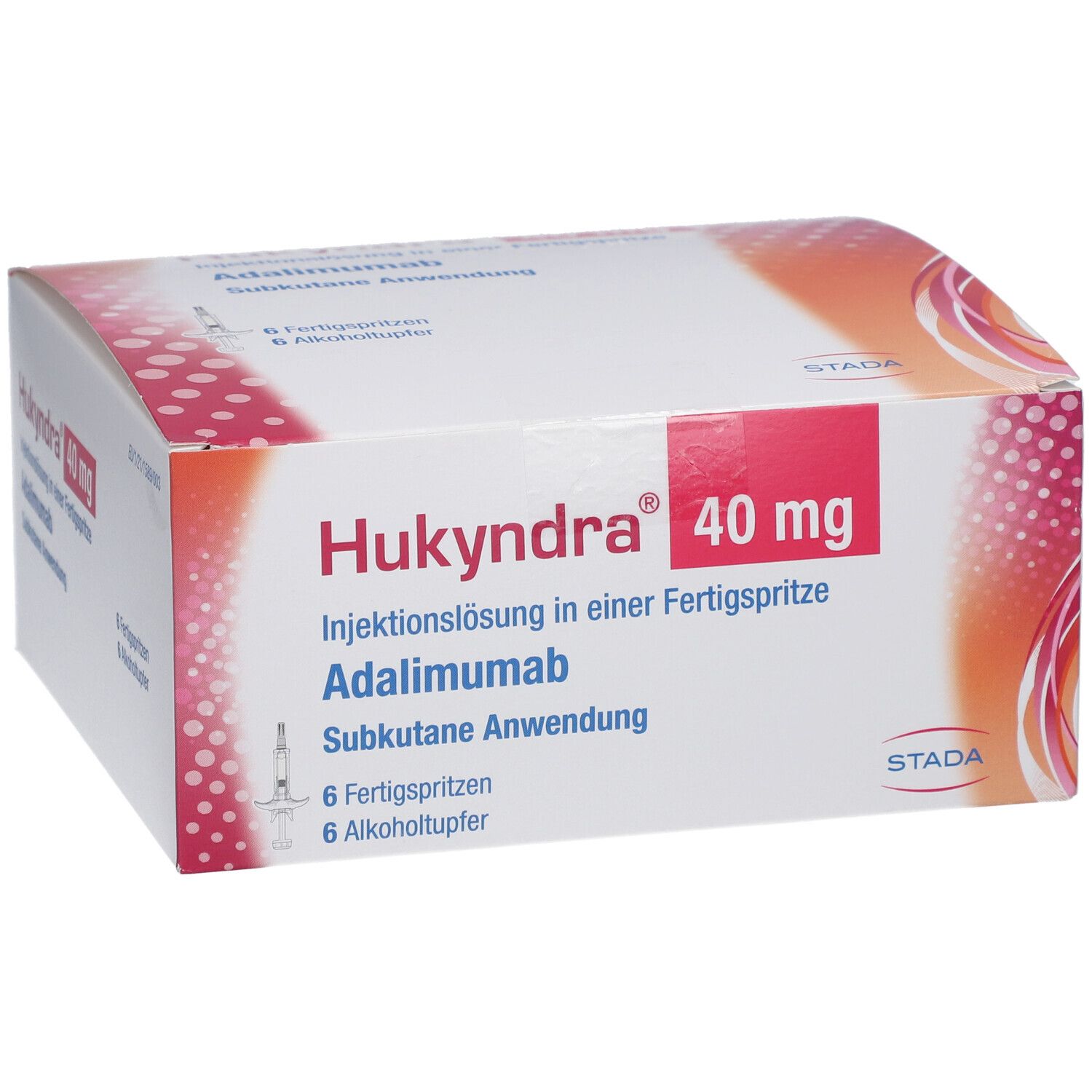 Hukyndra 40 mg Packung, Fertigspritze. Enthält 6 Fertigspritzen und Alkoholtupfer. STADA Logo.
