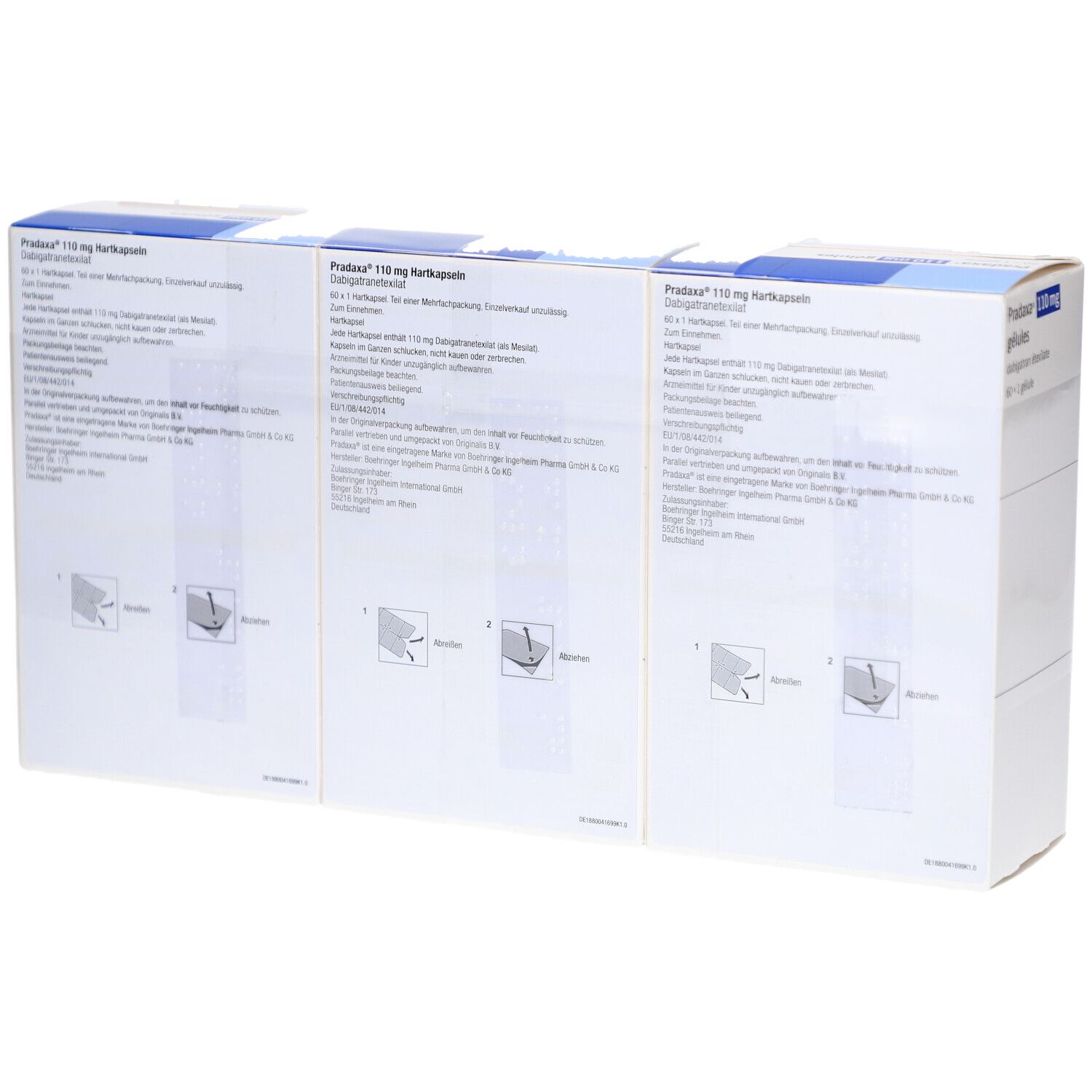 Mehrere Kartons mit blauer und weißer Verpackung. Aufdruck: Pradaxa 110 mg Hartkapseln, dabigatran etexilate. Logo: Boehringer Ingelheim.