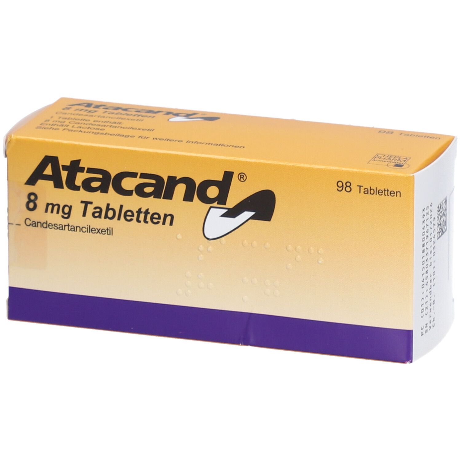 Atacand 8 mg Tabletten-Packung. Gelbe Schachtel mit weißer Schrift. Enthält 98 Tabletten.