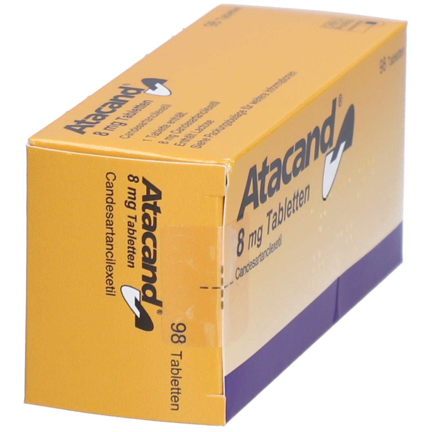 Atacand 8 mg Tabletten-Packung. Gelbe Schachtel mit weißer Schrift. Enthält 98 Tabletten.