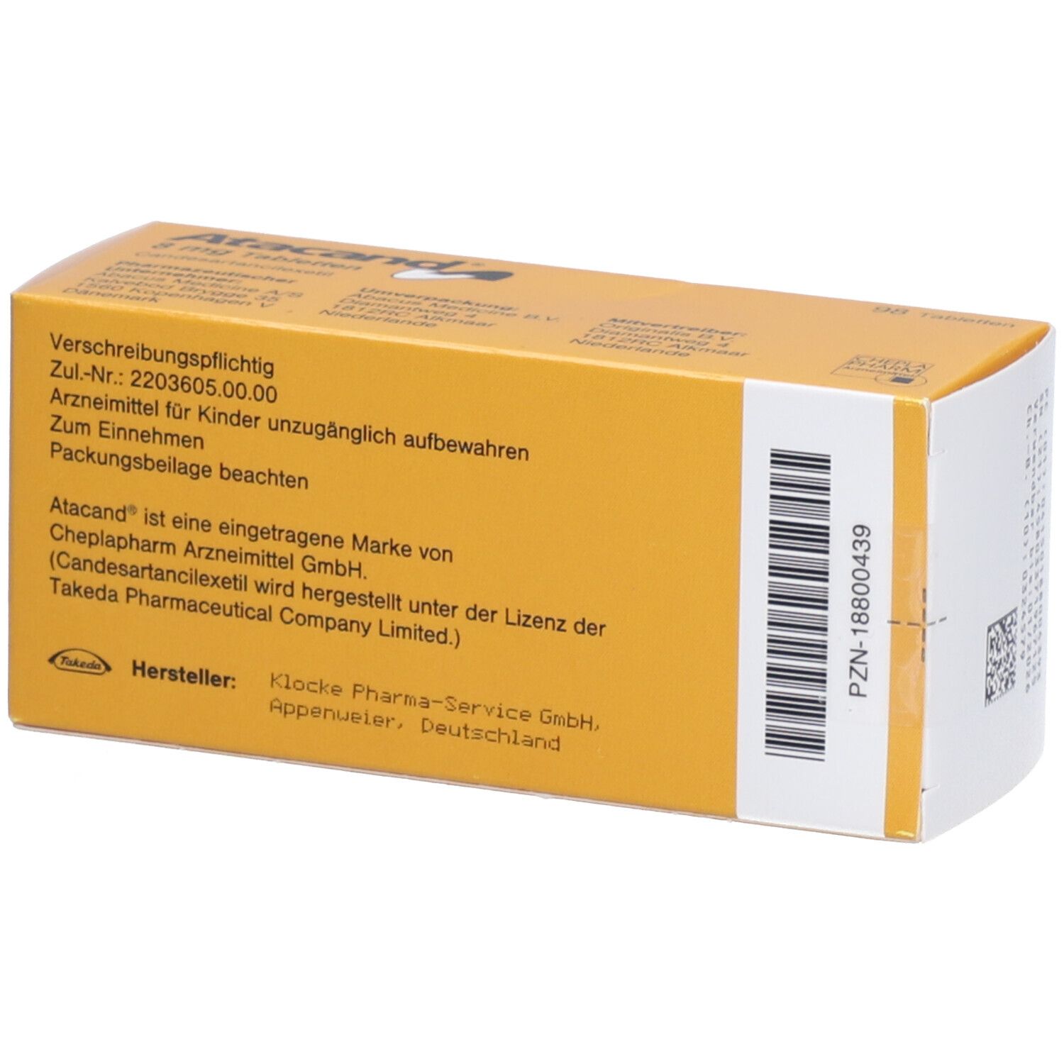 Rückseite der Atacand 8 mg Tabletten-Packung. Gelbe Schachtel mit Text und Barcode.