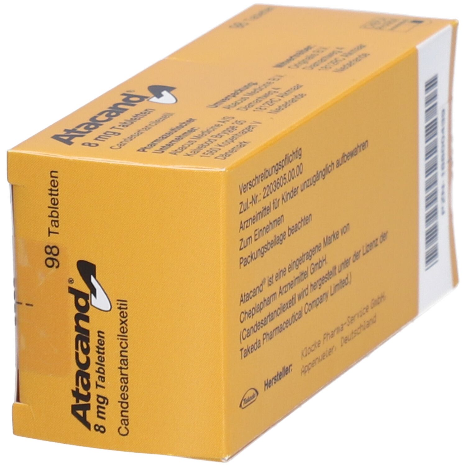 Atacand 8 mg Tabletten-Packung. Gelbe Schachtel mit Text. Enthält 98 Tabletten.