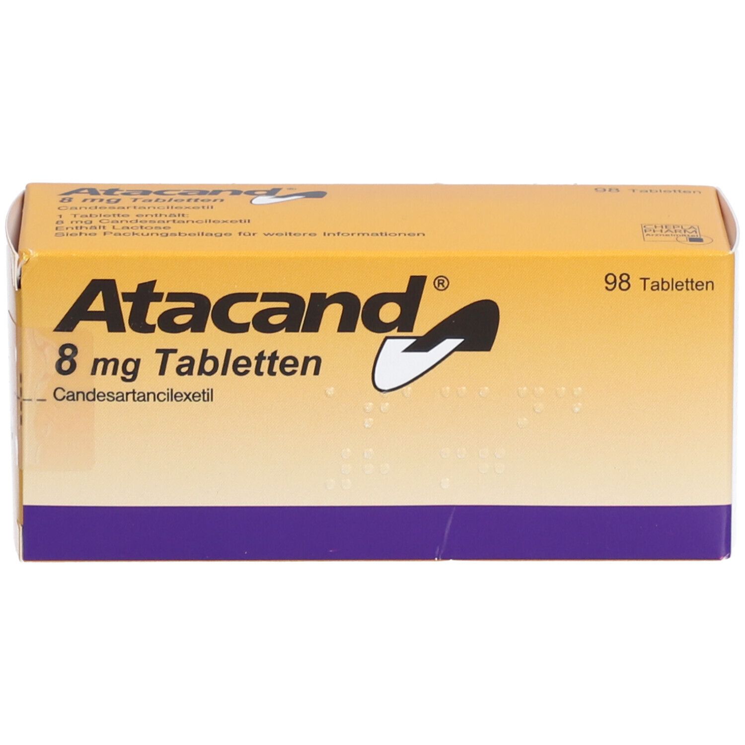 Atacand 8 mg Tabletten-Packung. Gelbe Schachtel mit weißer Schrift und lila Streifen. 98 Tabletten.