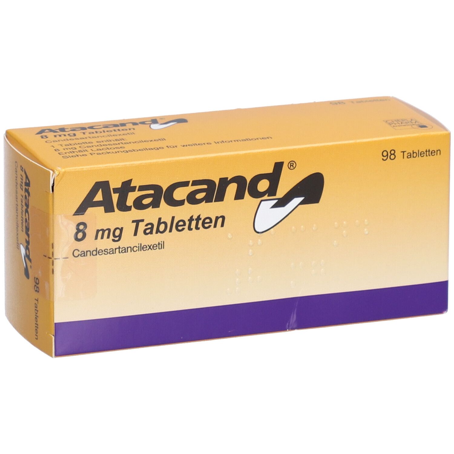 Atacand 8 mg Tabletten-Packung. Gelbe Schachtel mit weißer Schrift. Enthält 98 Tabletten.