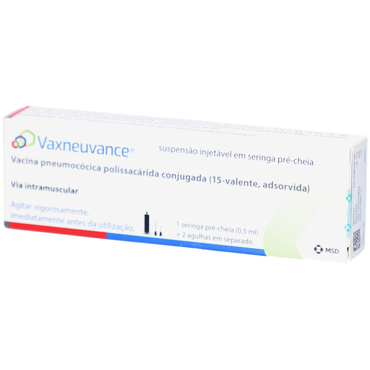 Karton von Vaxneuvance. Text: Injektionssuspension, Impfstoff, 1 Fertigspritze, 2 Nadeln. MSD-Logo.