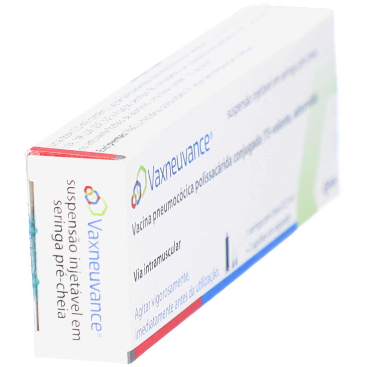 Schrägansicht der Vaxneuvance-Verpackung. Text: Injektionssuspension, Impfstoff. Logo und Produktname.