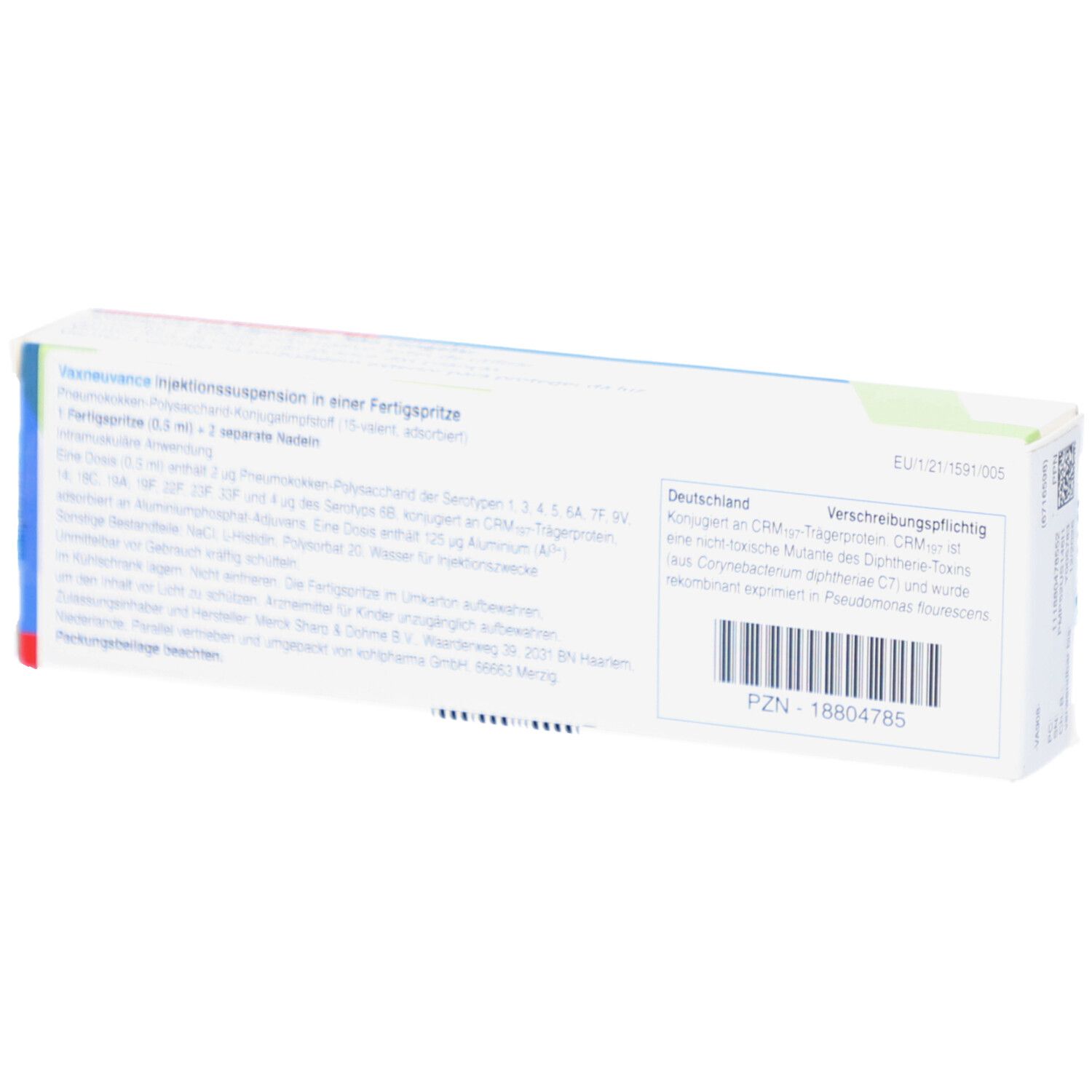 Rückseite der Vaxneuvance-Verpackung. Text: Injektionssuspension, Chargennummer, Herstellerinformationen.