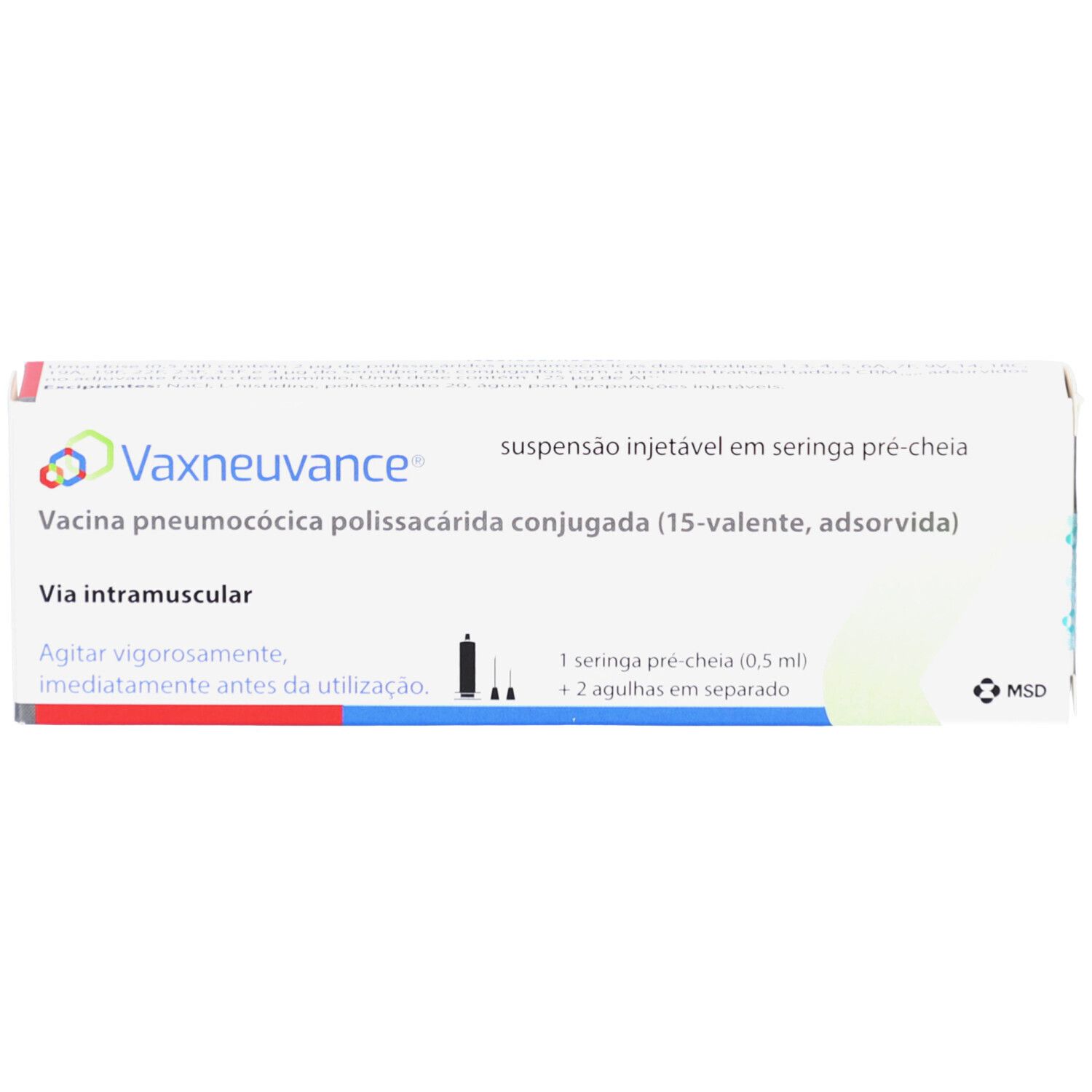 Karton von Vaxneuvance. Text: Injektionssuspension, Impfstoff, 1 Fertigspritze, 2 Nadeln. MSD-Logo.