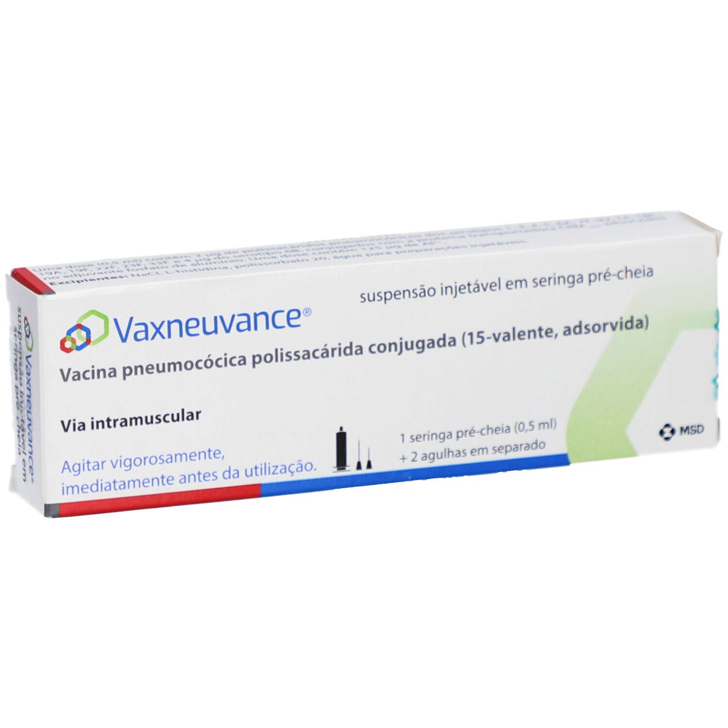 Karton von Vaxneuvance. Text: Injektionssuspension, Impfstoff, 1 Fertigspritze, 2 Nadeln. MSD-Logo.