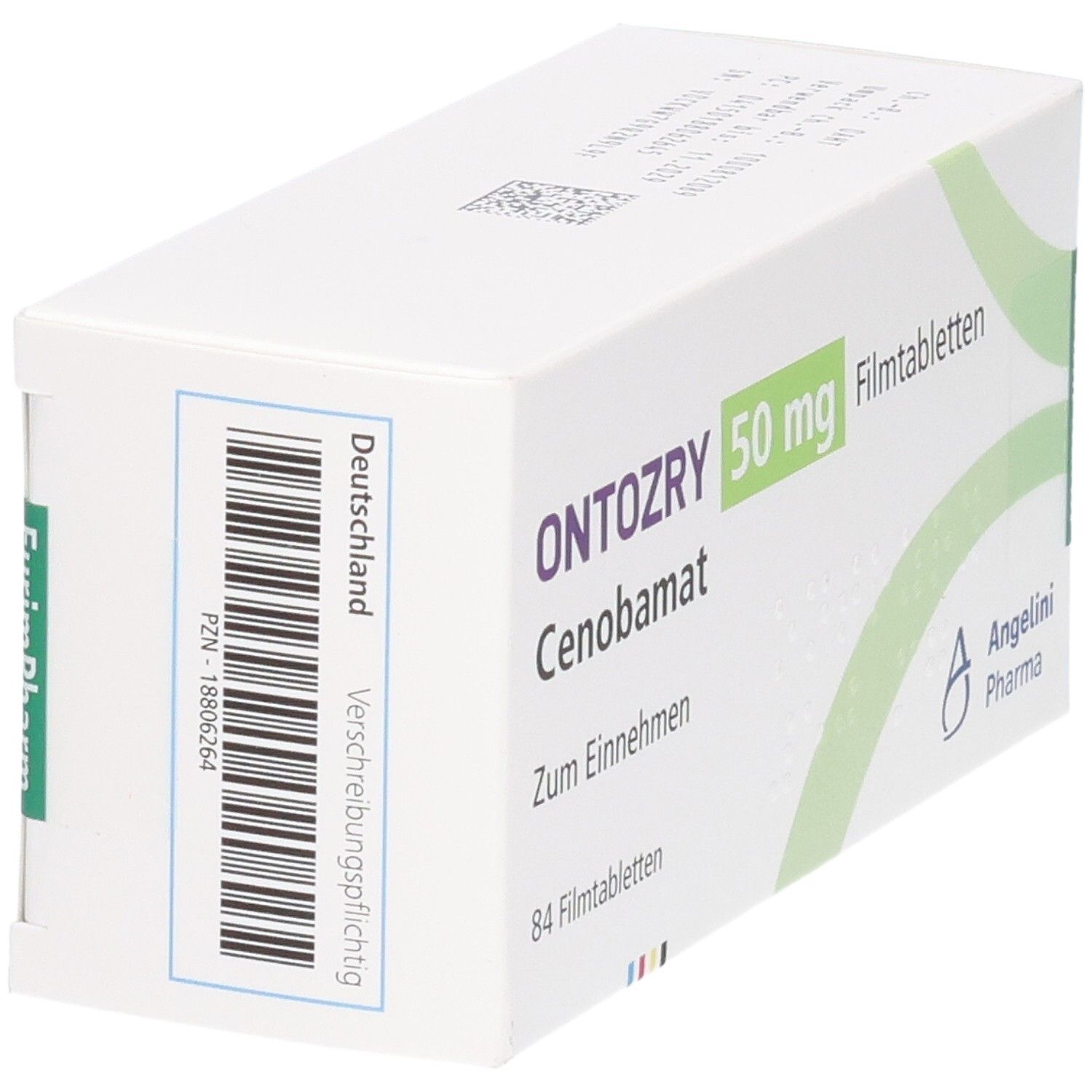 ONTOZRY 50 mg Cenobamat Filmtabletten, 84 Stück. Rückseite mit Barcode und Deutschland-Aufdruck.