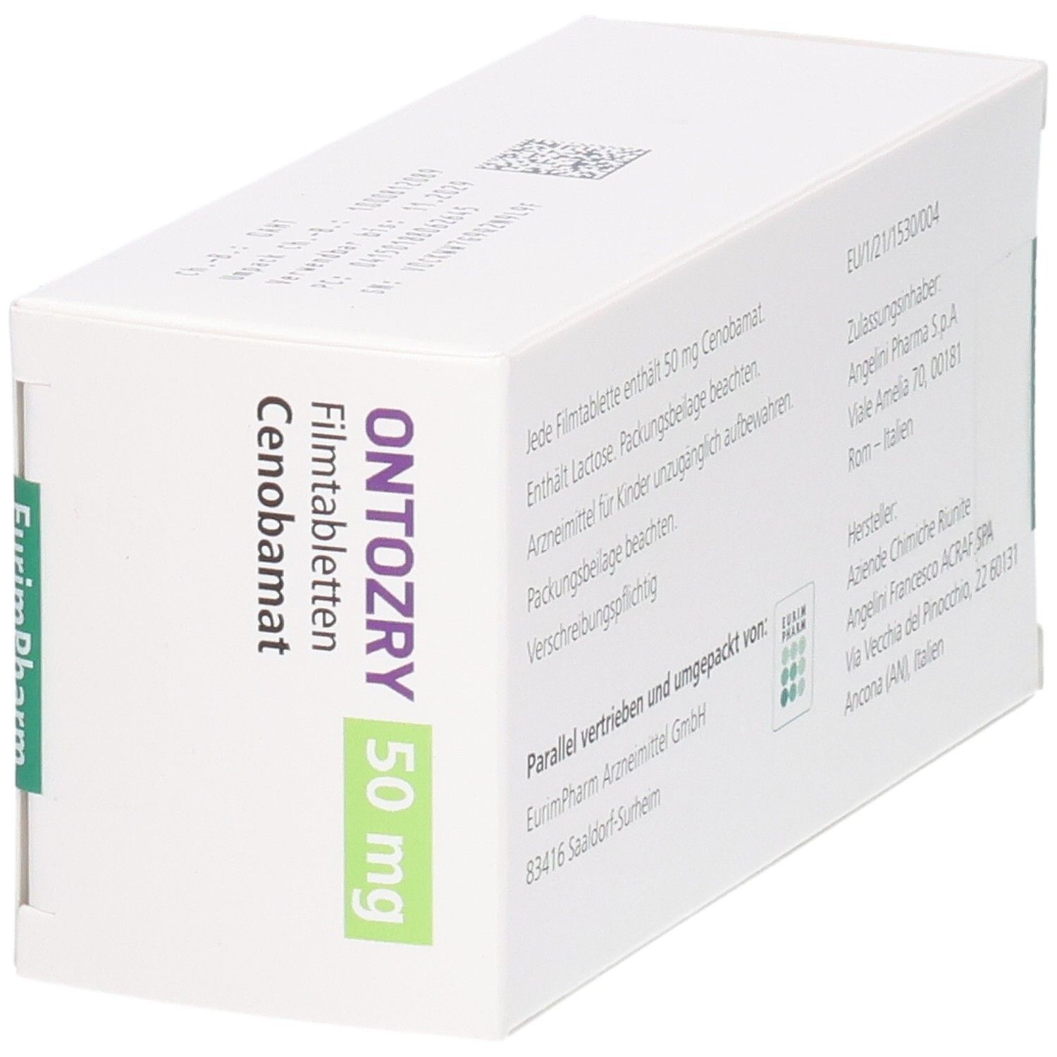 ONTOZRY 50 mg Cenobamat Filmtabletten, 84 Stück. Seitenansicht der Packung.