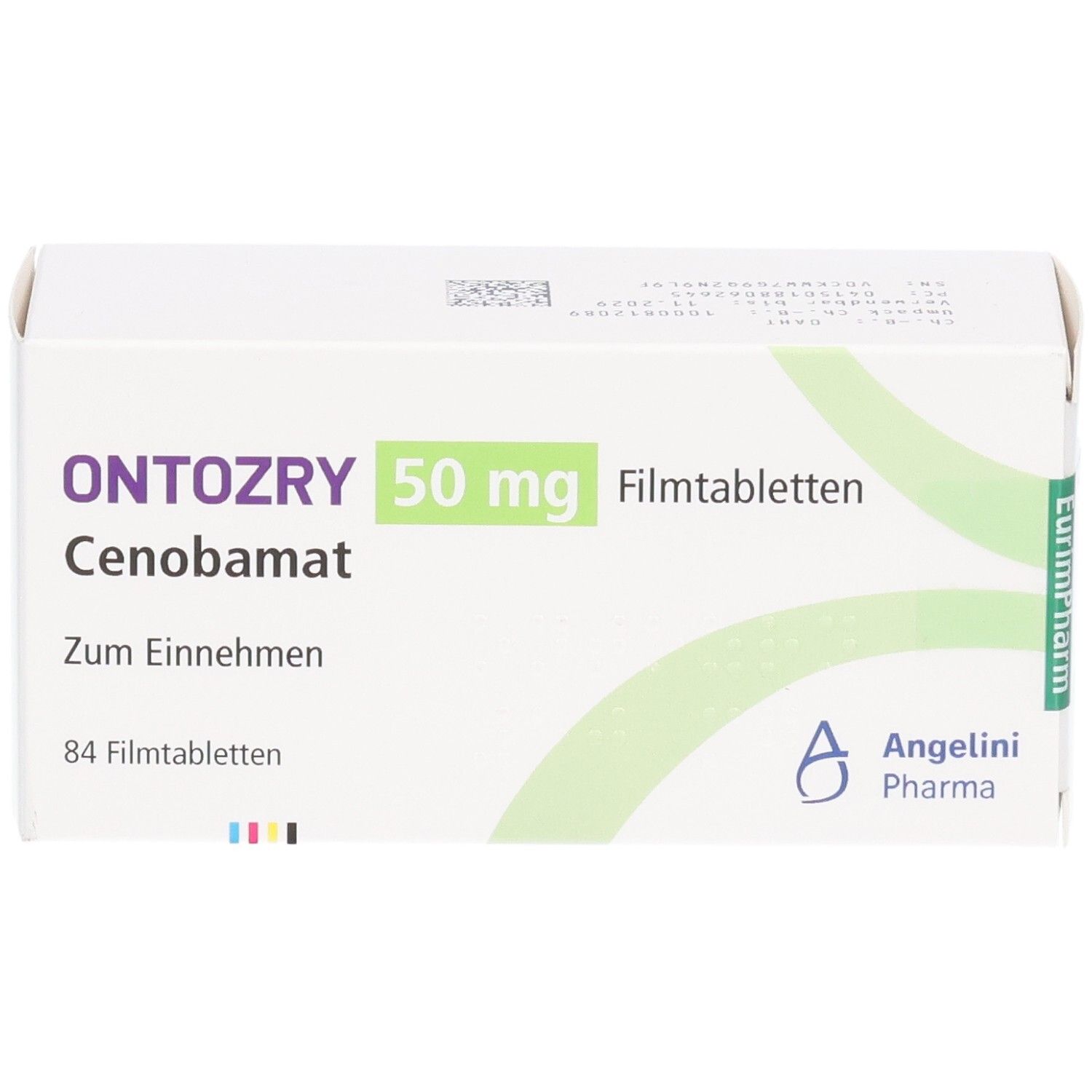 ONTOZRY 50 mg Cenobamat Filmtabletten, 84 Stück. Vorderseite der Packung mit Herstellerangabe.