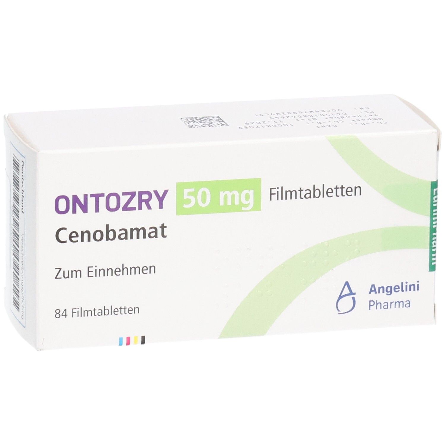 ONTOZRY 50 mg Cenobamat Filmtabletten, 84 Stück. Vorderseite der Packung mit Herstellerangabe.