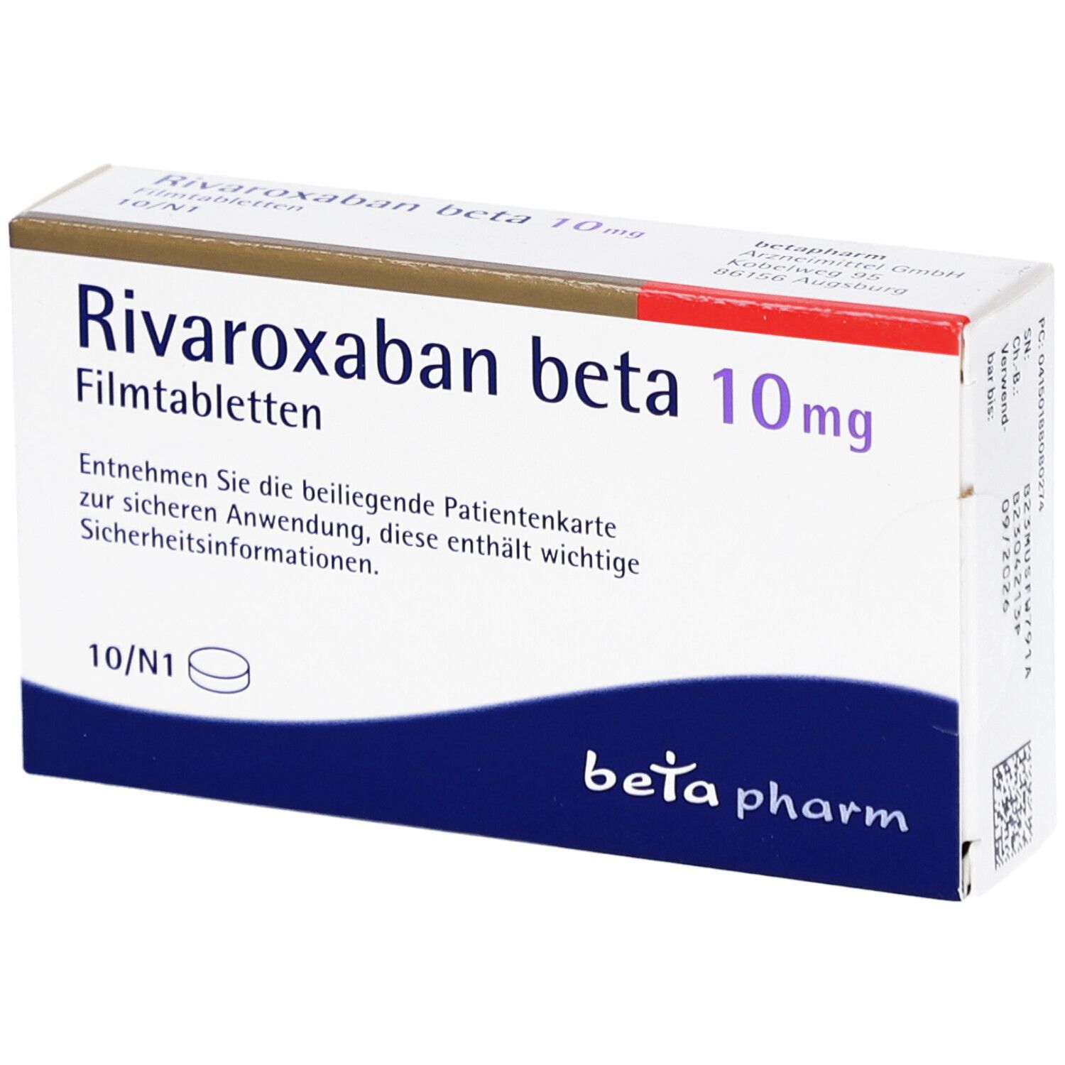 Rivaroxaban beta 10mg Filmtabletten, Packung. Enthält 10 Tabletten. Beta pharm Logo.
