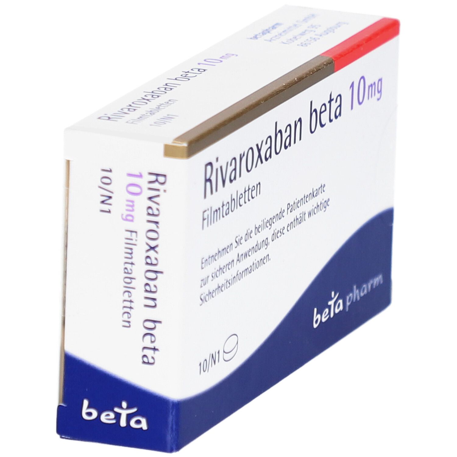 Rivaroxaban beta 10mg Filmtabletten, Packung. Seitenansicht. Beta pharm Logo.