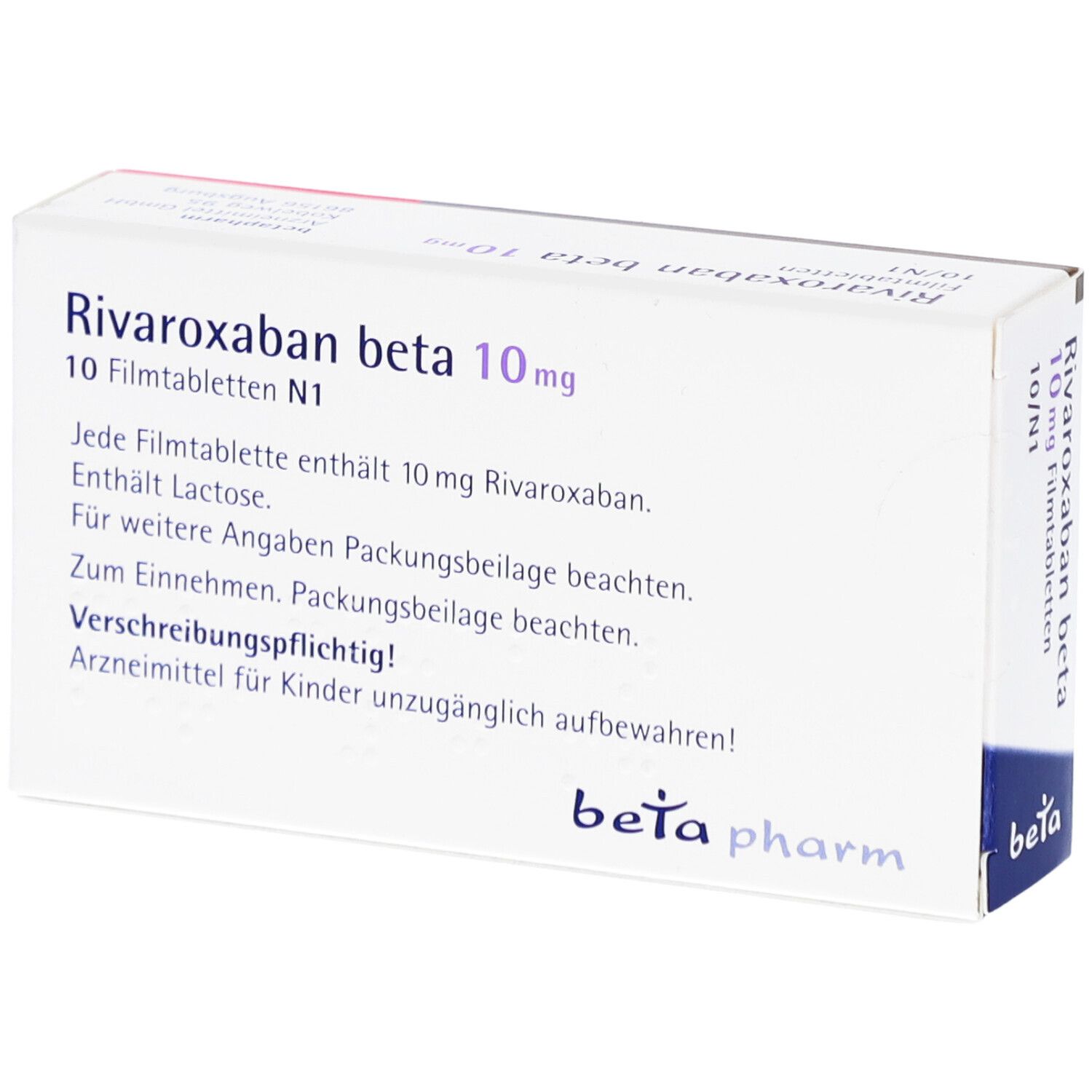 Rivaroxaban beta 10mg Filmtabletten, Packung. Textinformationen. Beta pharm Logo.