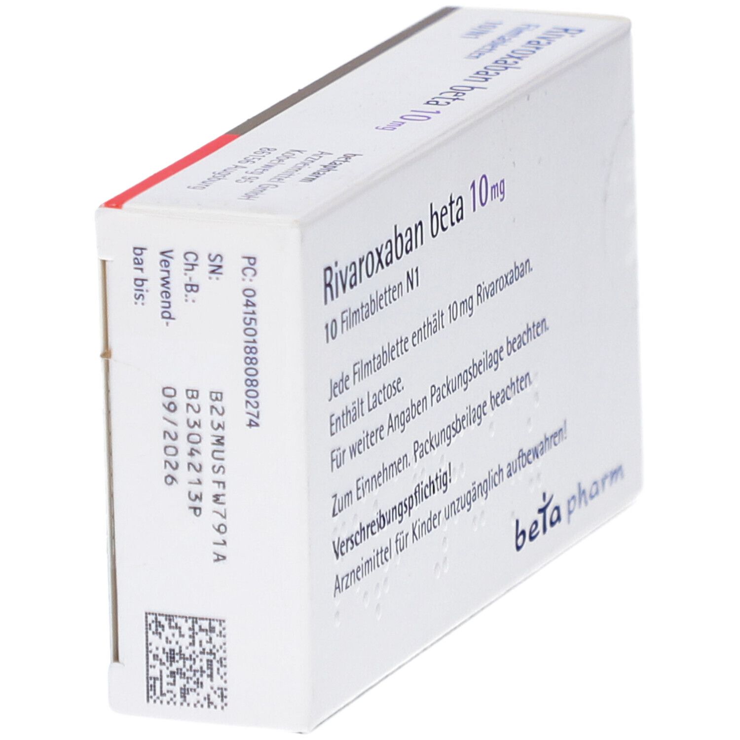 Rivaroxaban beta 10mg Filmtabletten, Packung. Rückseite mit Chargennummer und Verfallsdatum. Beta pharm Logo.