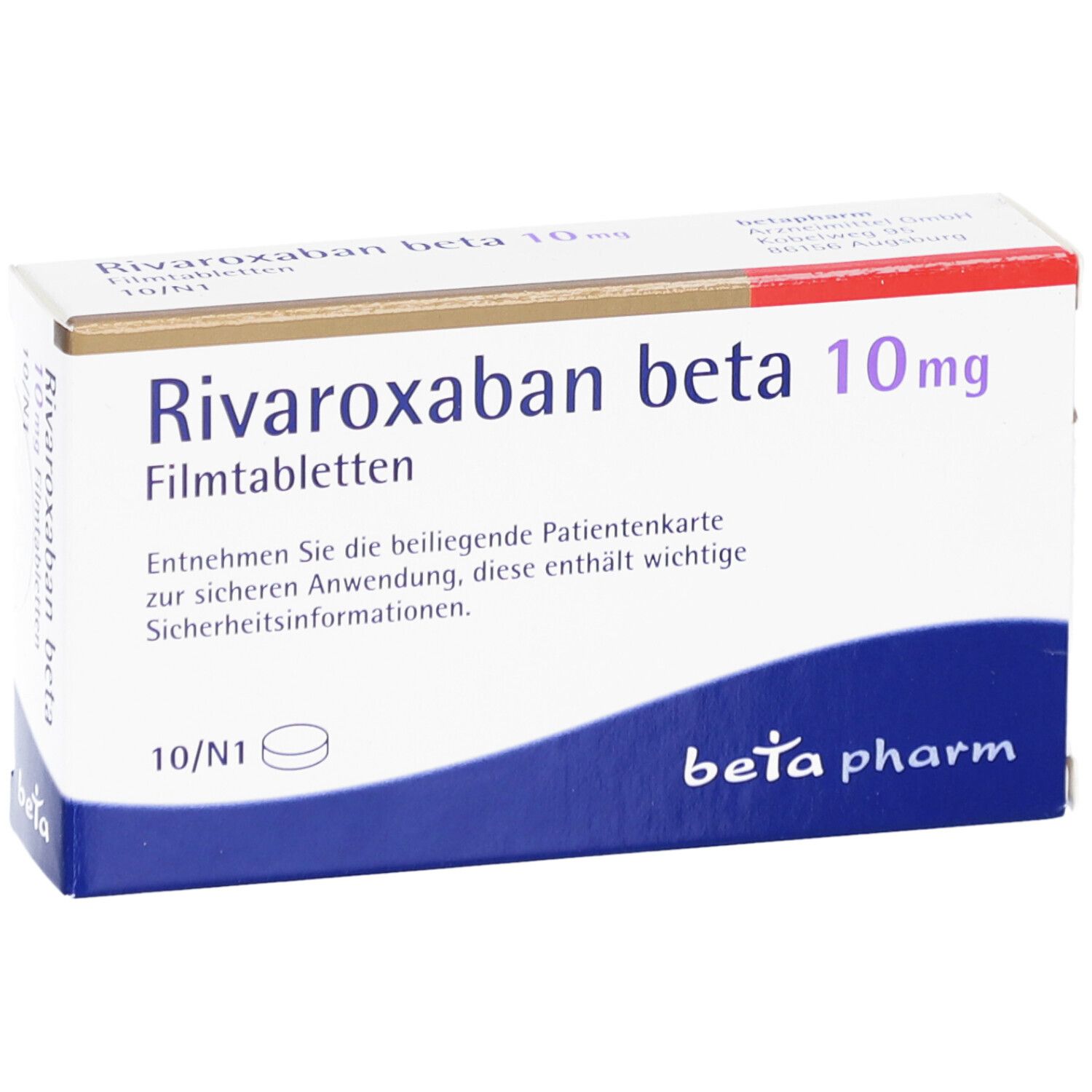 Rivaroxaban beta 10mg Filmtabletten, Packung. Blaue und weiße Verpackung. Beta pharm Logo.