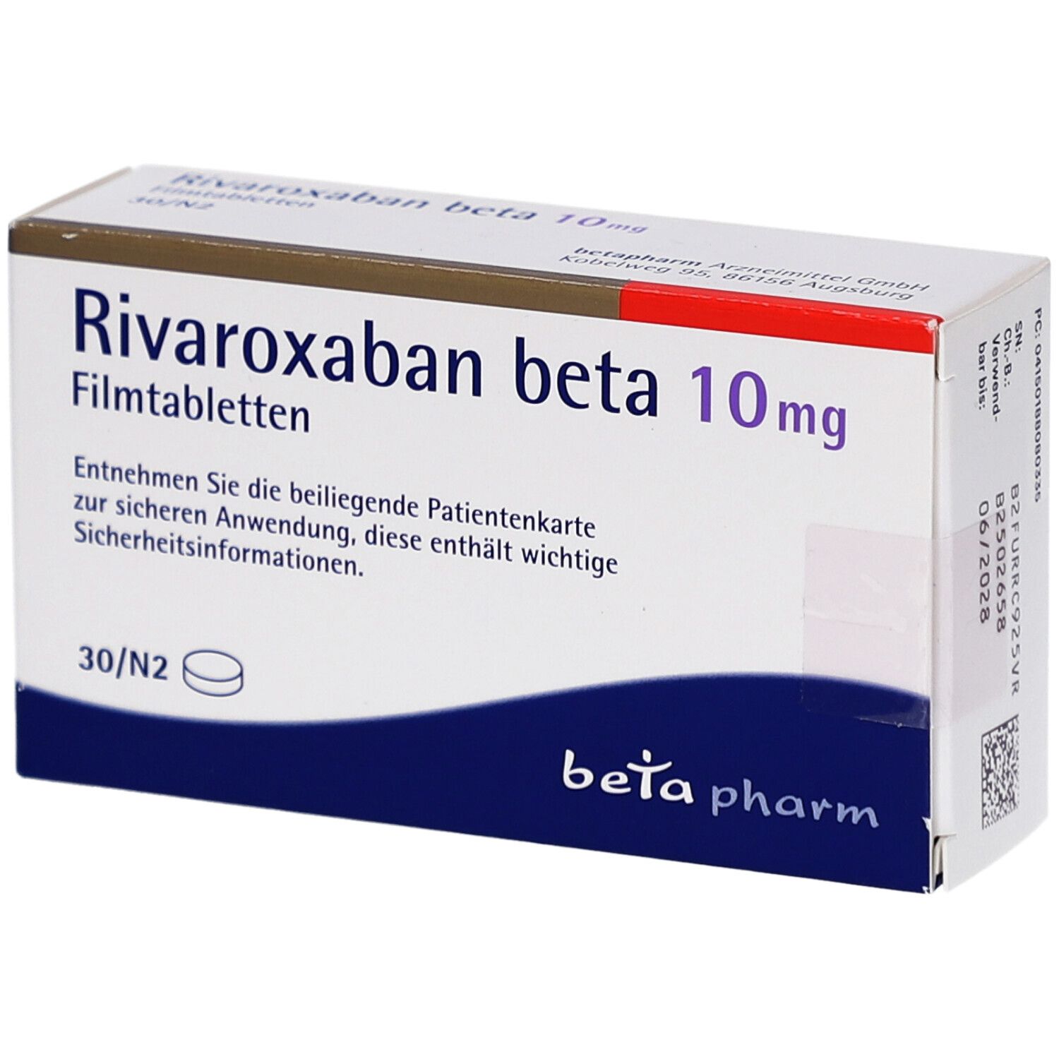 Schachtel mit "Rivaroxaban beta 10mg Filmtabletten". Blaue und weiße Verpackung mit Text. "beta pharm" Logo.