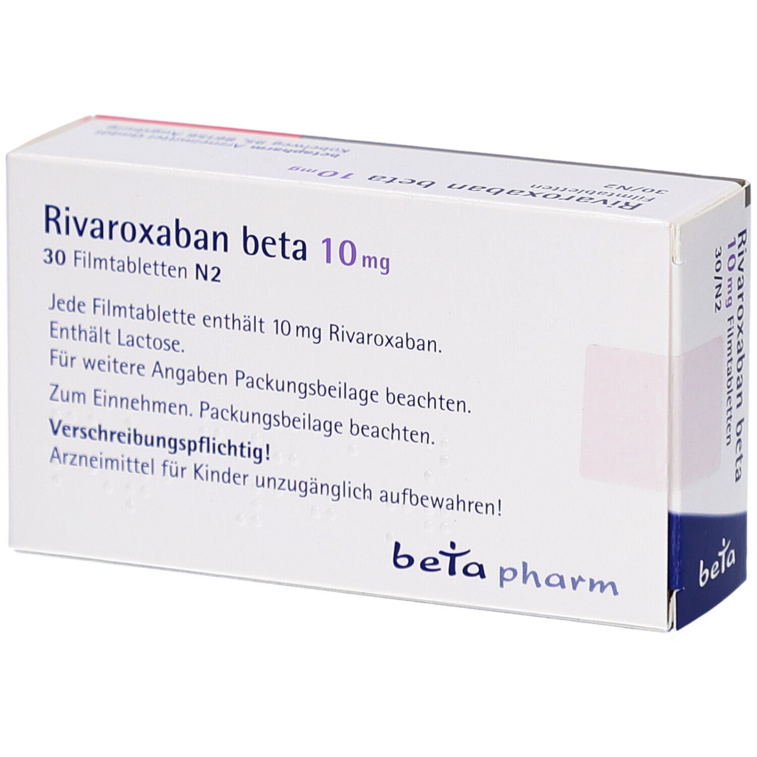 Schachtel "Rivaroxaban beta 10mg Filmtabletten". Text auf weißem Grund. "beta pharm" Logo.