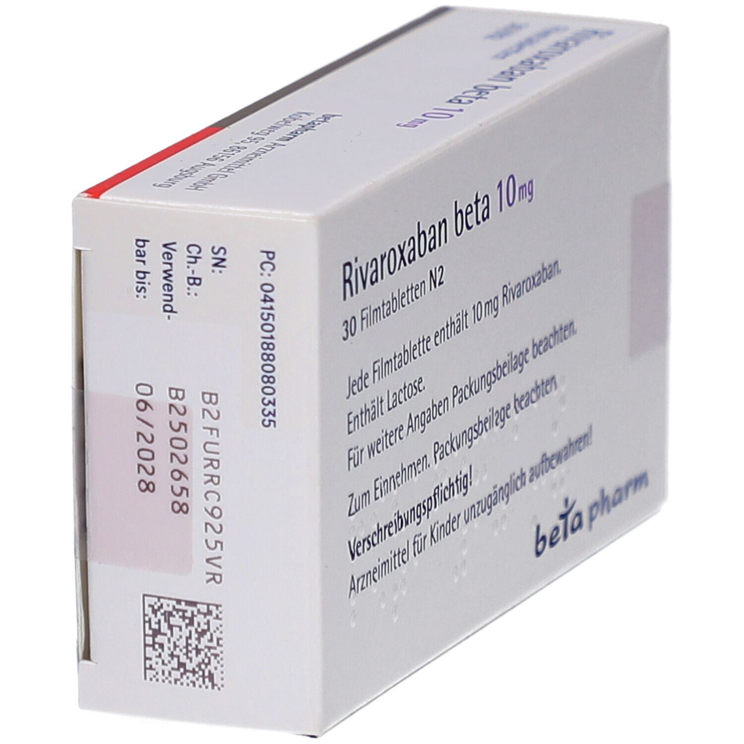 Schachtel "Rivaroxaban beta 10mg Filmtabletten". Rückseite mit Text und Barcode. "beta pharm" Logo.