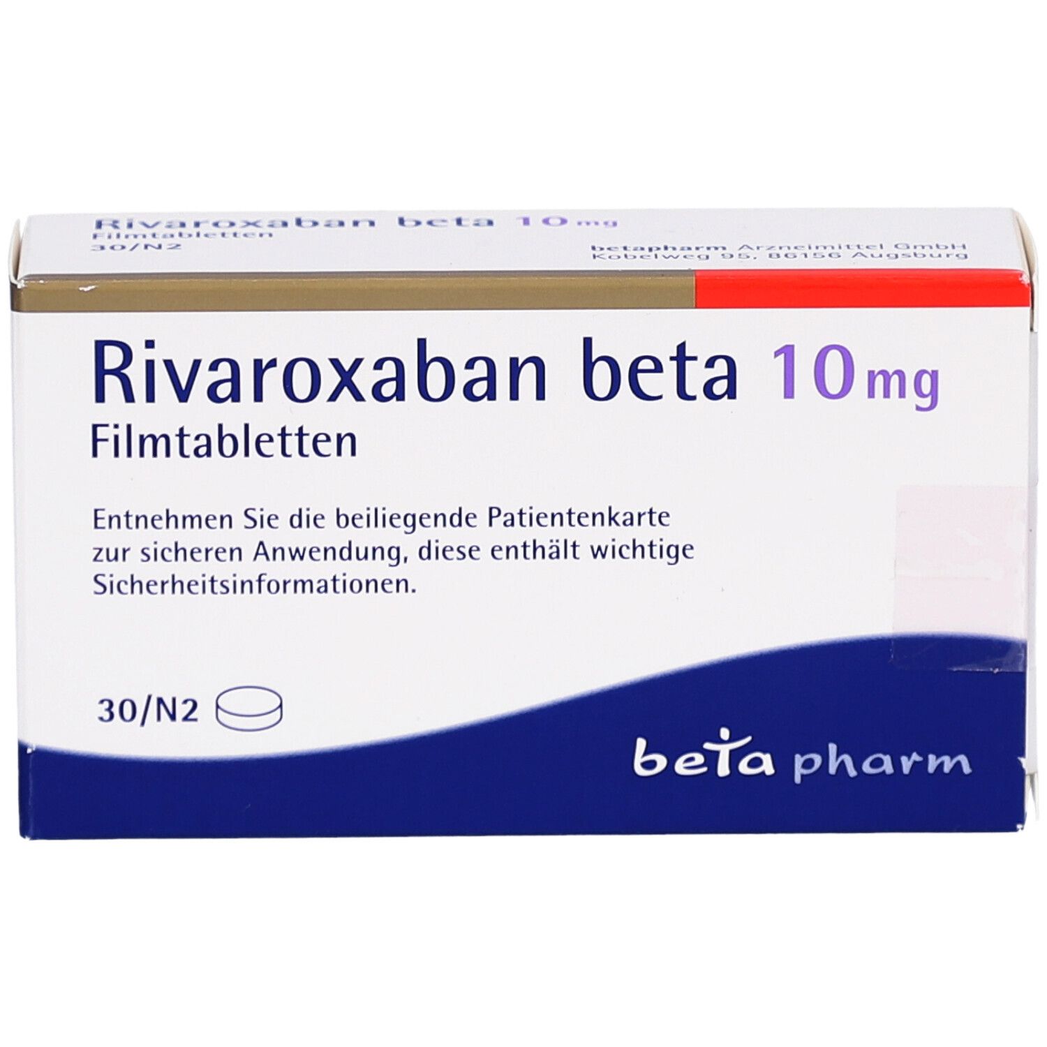 Schachtel "Rivaroxaban beta 10mg Filmtabletten". Blaue und weiße Verpackung. "beta pharm" Logo.