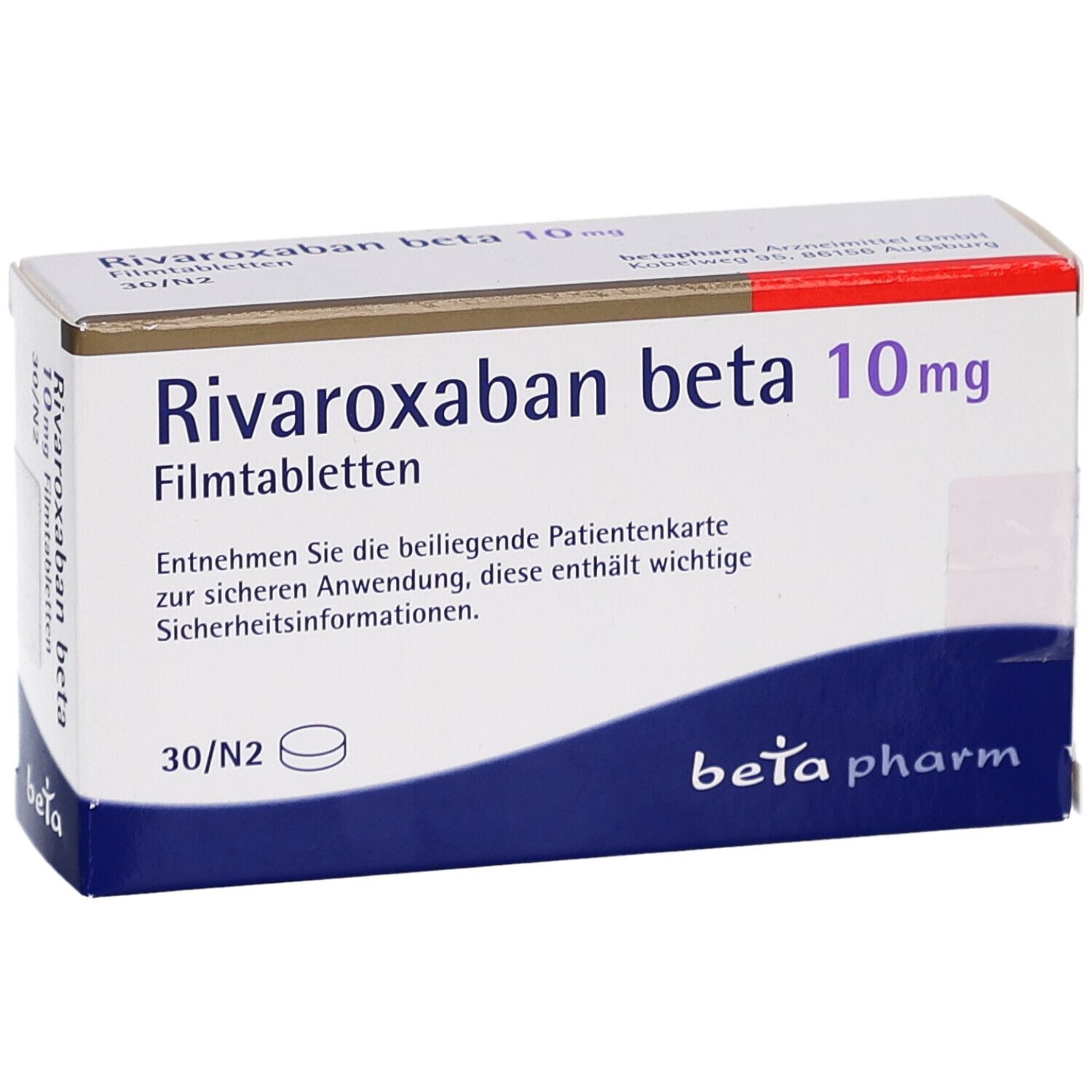Schachtel "Rivaroxaban beta 10mg Filmtabletten". Blaue und weiße Verpackung. "beta pharm" Logo.