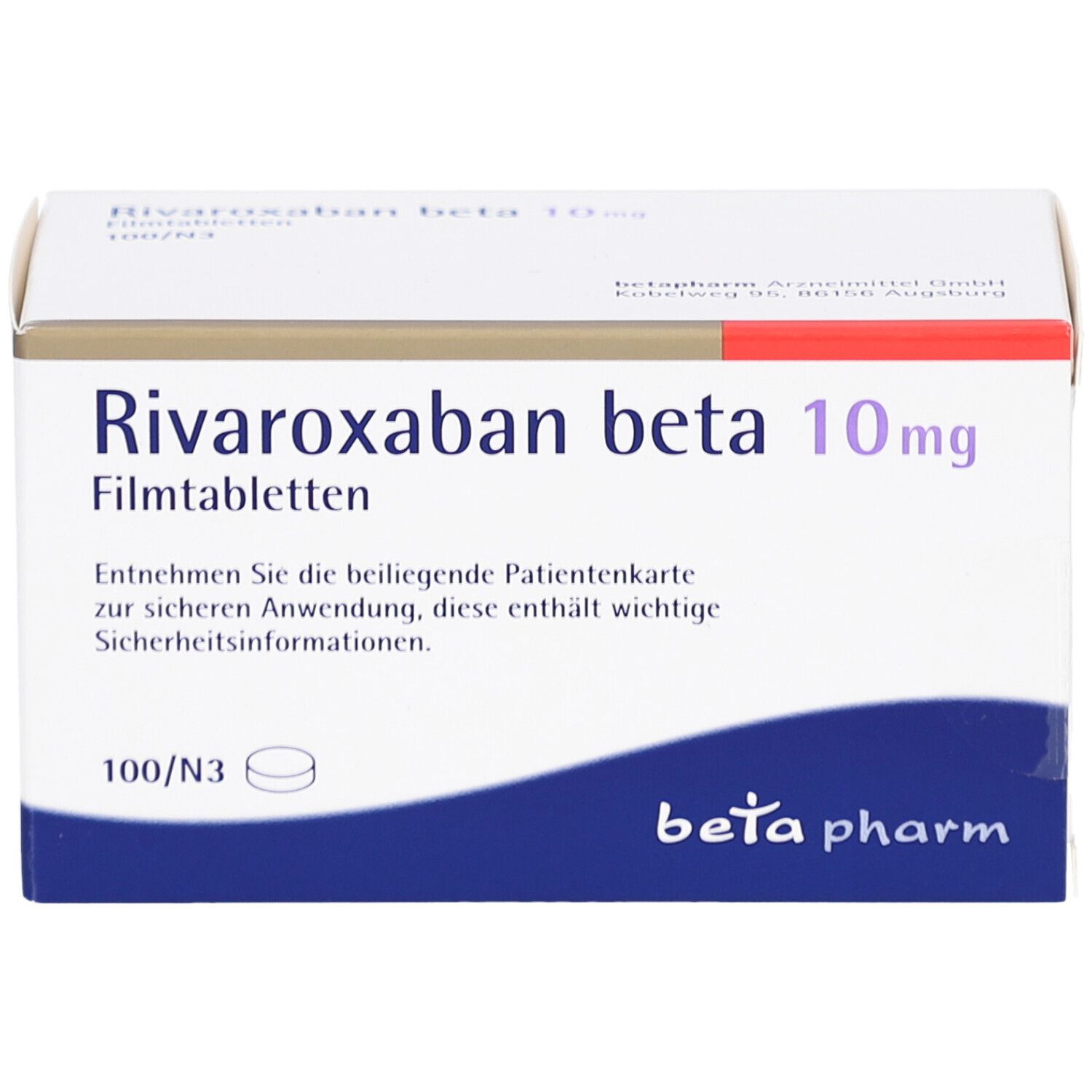 Schachtel "Rivaroxaban beta 10mg Filmtabletten". Weiße Verpackung mit blauem Akzent und "beta pharm" Logo.