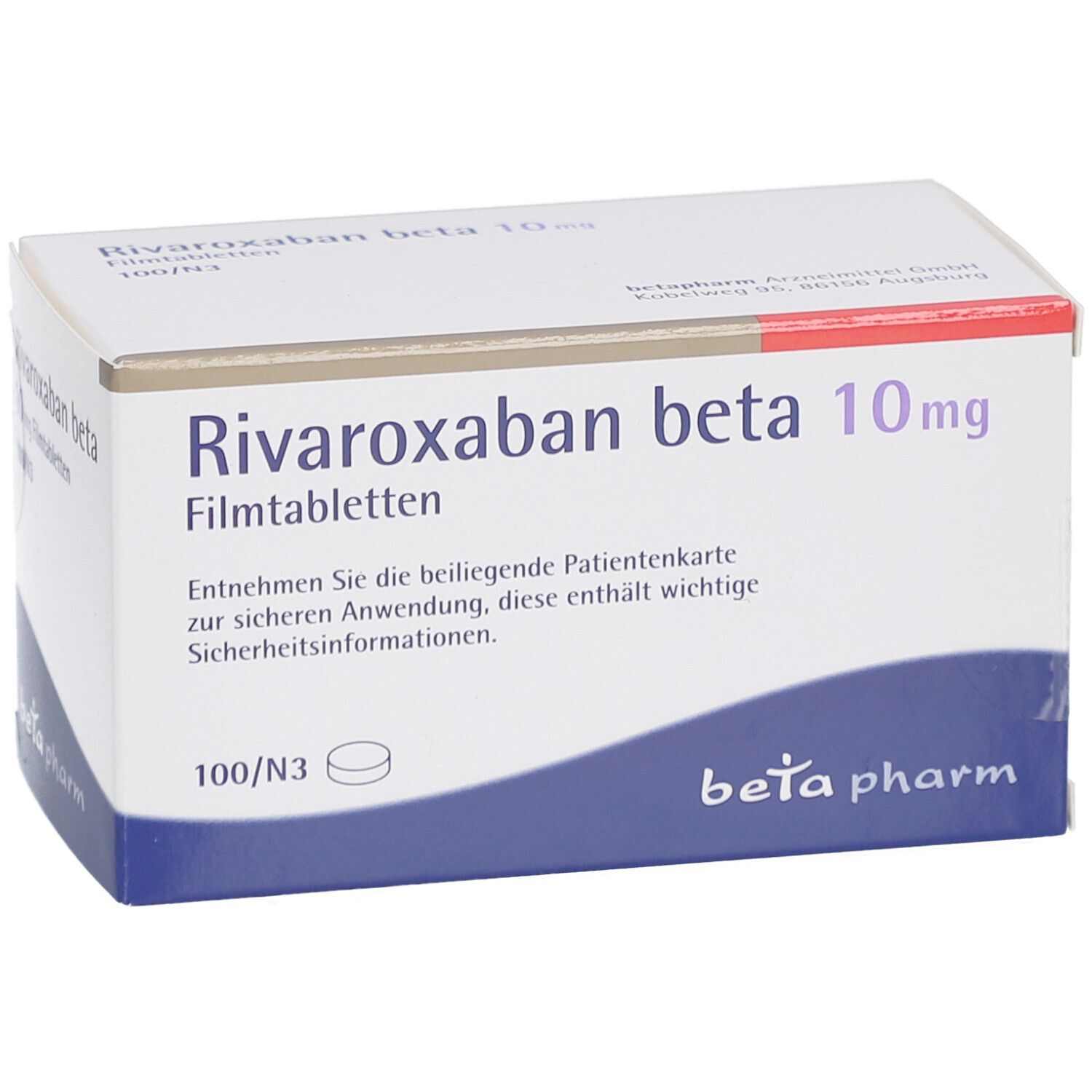 Schachtel "Rivaroxaban beta 10mg Filmtabletten". Weiße Verpackung mit blauem Akzent und "beta pharm" Logo.