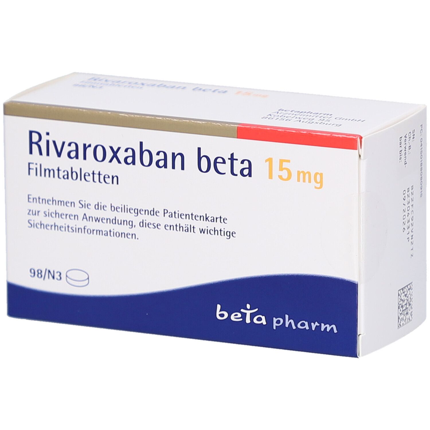 Schachtel mit "Rivaroxaban beta 15 mg Filmtabletten".  "beta pharm" Logo.  Text in German.  98/N3.