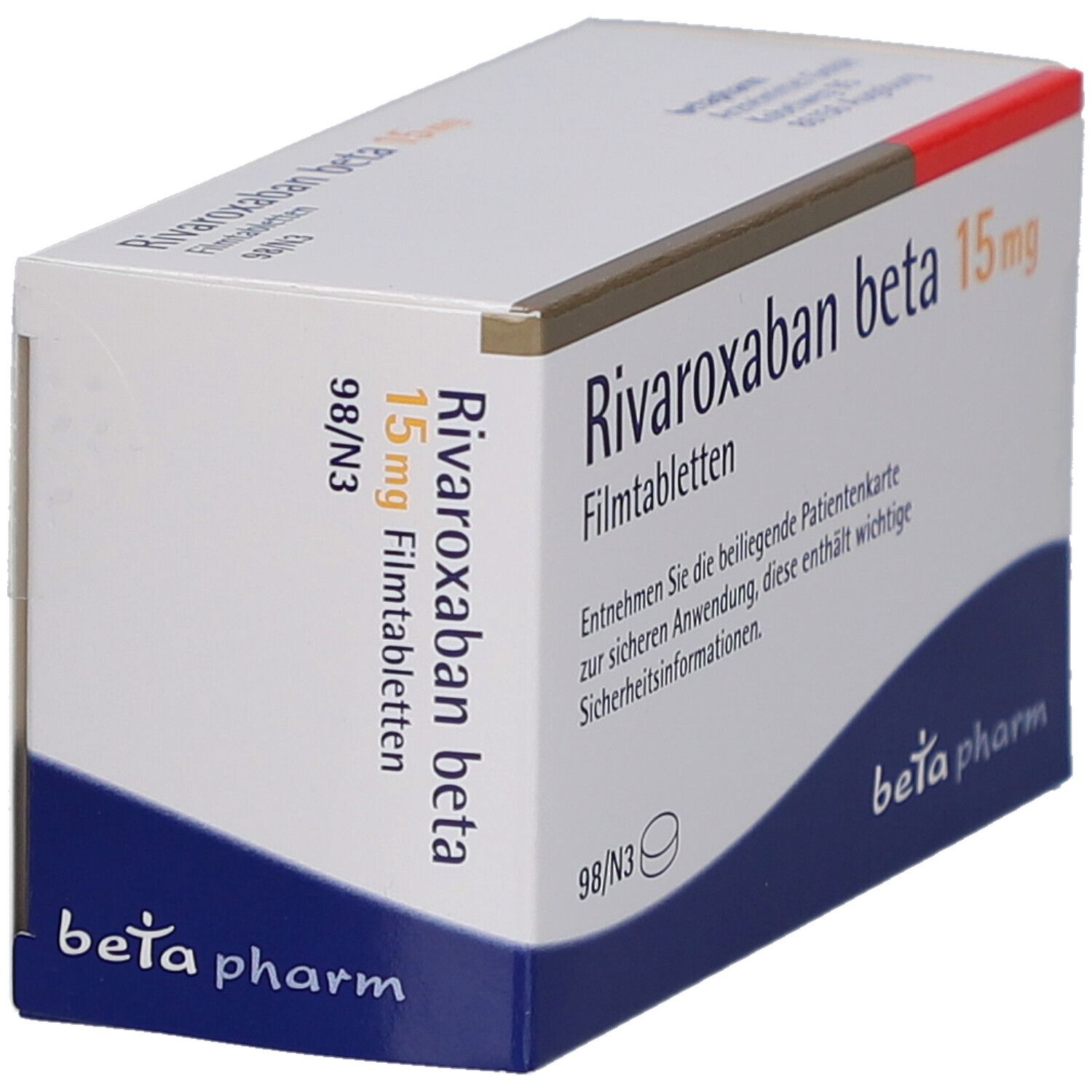 Schachtel "Rivaroxaban beta 15 mg Filmtabletten".  "beta pharm" Logo.  Text in German.  98/N3.