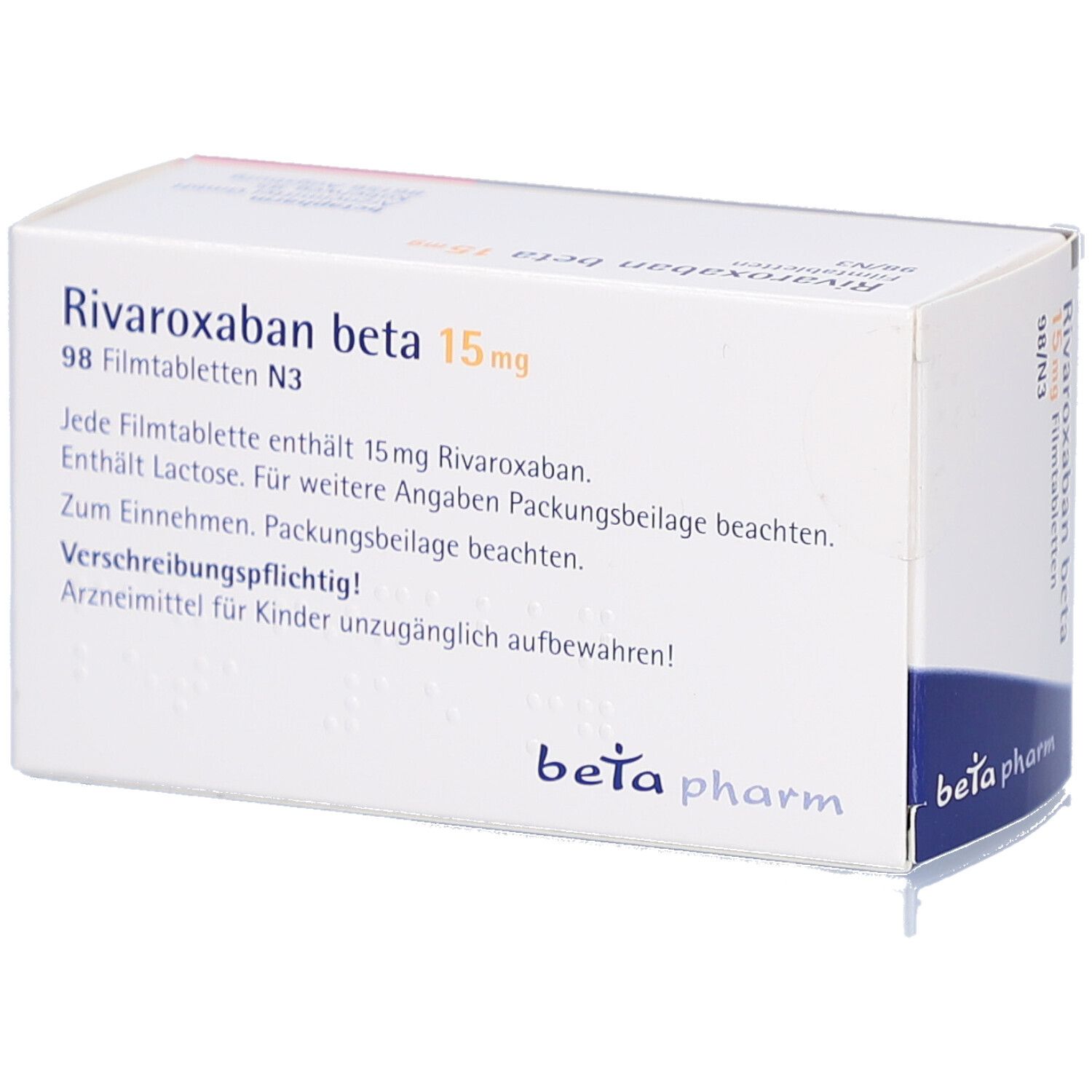 Schachtel "Rivaroxaban beta 15 mg Filmtabletten". Text in German.  "beta pharm" Logo. 98/N3.