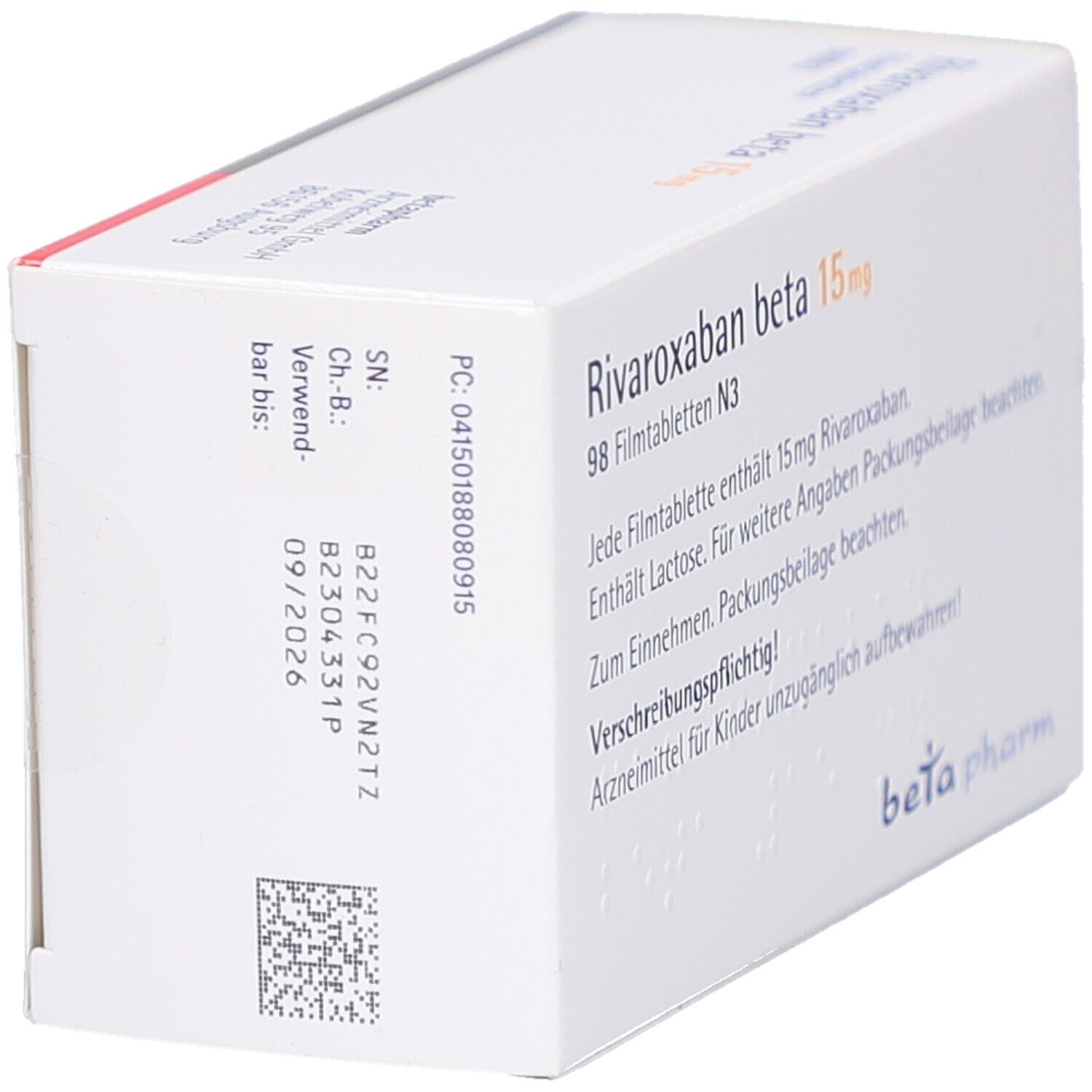 Schachtel "Rivaroxaban beta 15 mg Filmtabletten". Text in German.  Barcode und Verfallsdatum.