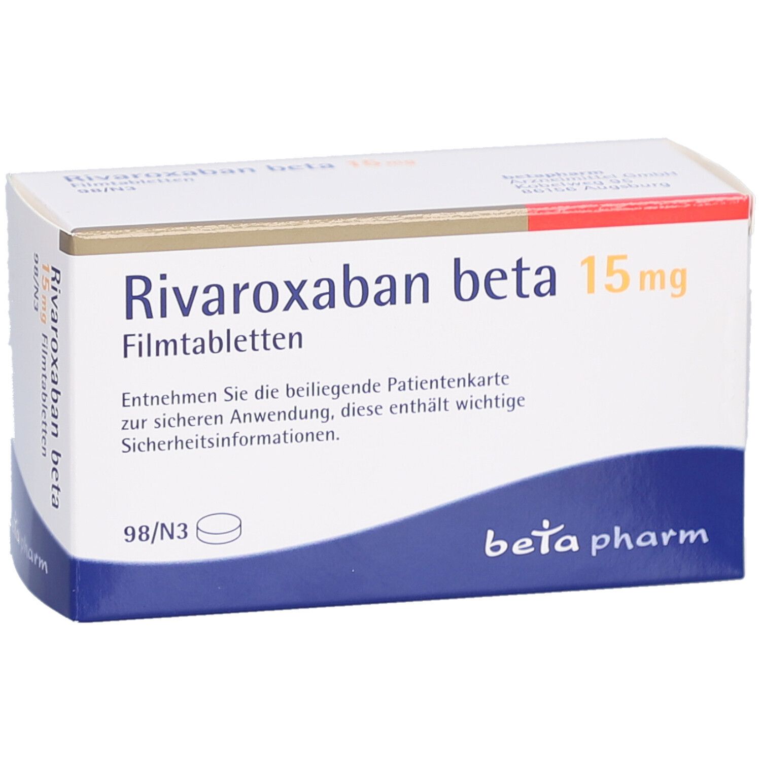 Schachtel "Rivaroxaban beta 15 mg Filmtabletten".  "beta pharm" Logo.  Text in German.  98/N3.