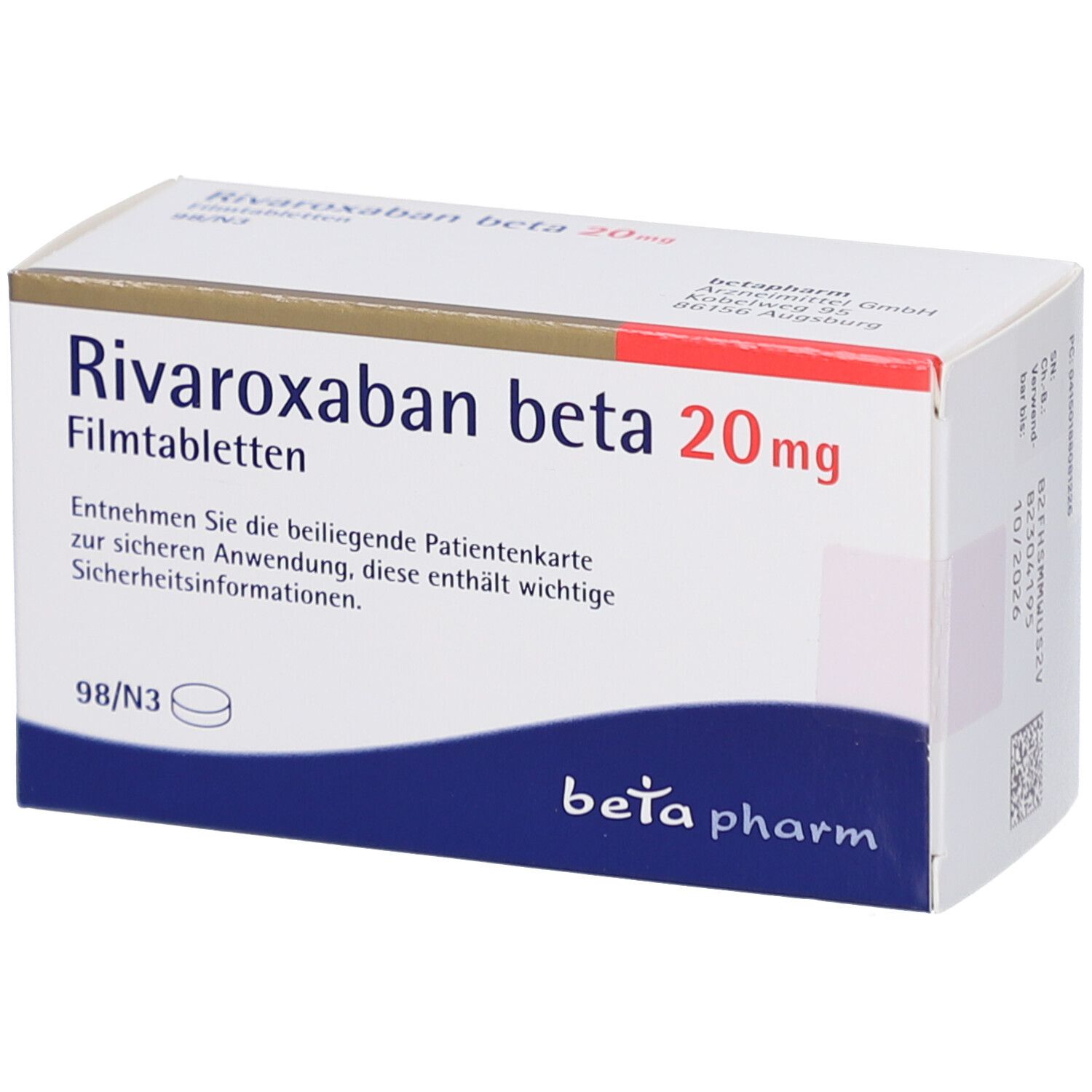 Schachtel mit RIVAROXABAN beta 20 mg Filmtabletten. Weiß, blau und rot. Schriftzug: beta pharm. Enthält 98 Tabletten.