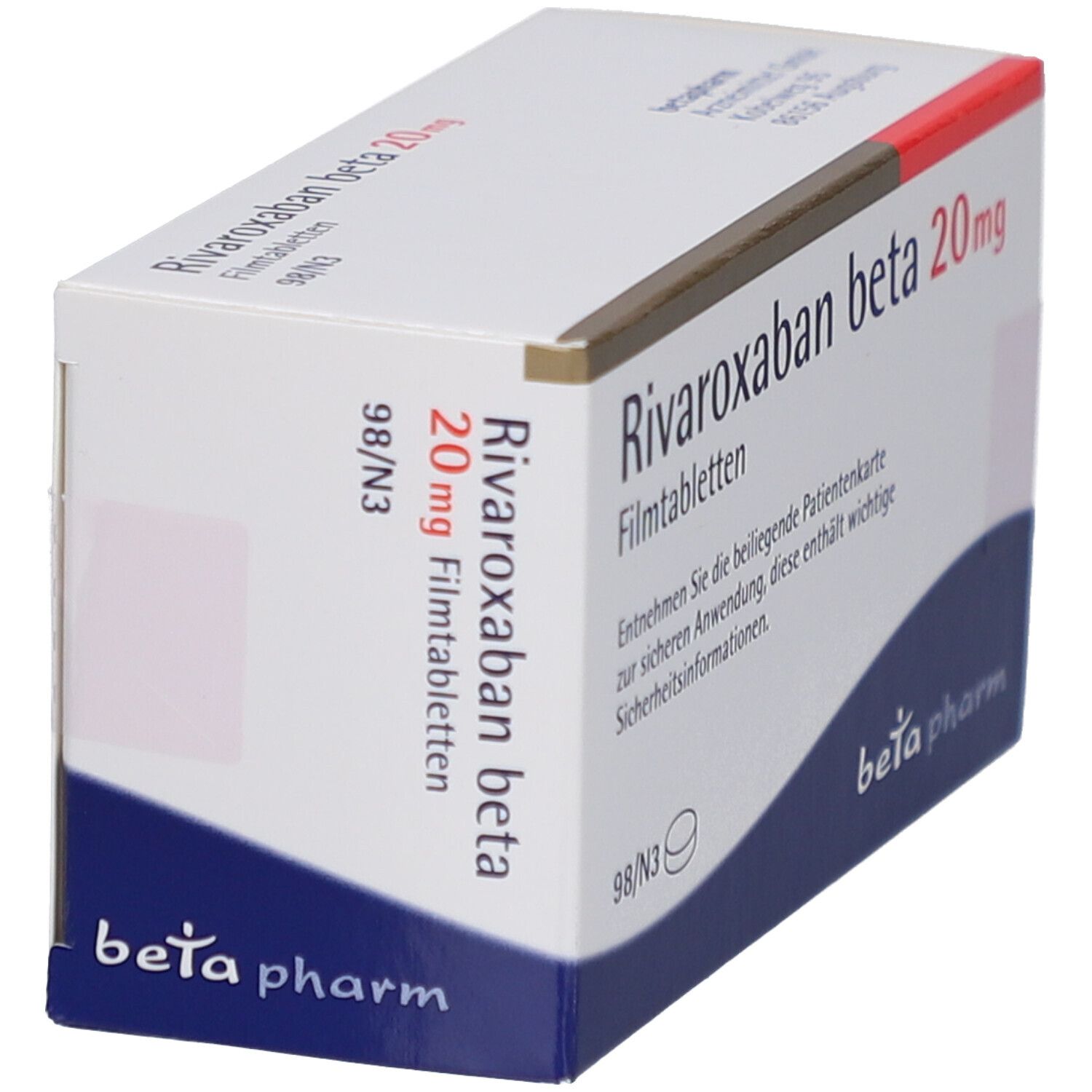 Schräg gestellte Schachtel mit RIVAROXABAN beta 20 mg Filmtabletten. Weiß, blau und rot. Schriftzug: beta pharm. 98/N3.
