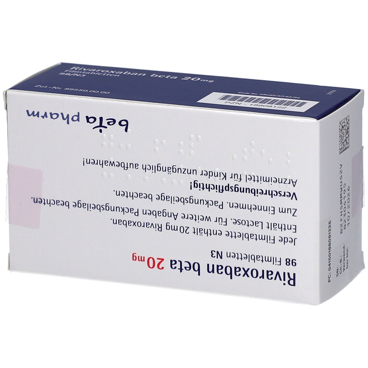 Schachtel mit RIVAROXABAN beta 20 mg Filmtabletten. Blau und weiß. Schriftzug: beta pharm. Enthält 98 Tabletten.