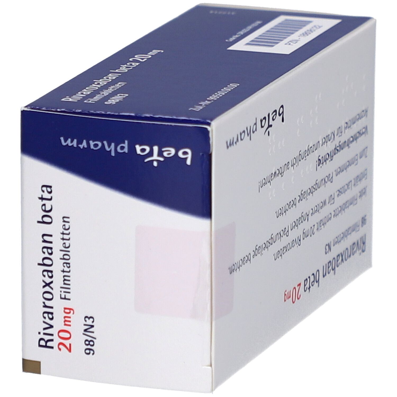 Schräg gestellte Schachtel mit RIVAROXABAN beta 20 mg Filmtabletten. Blau und weiß. Schriftzug: beta pharm. 98/N3.