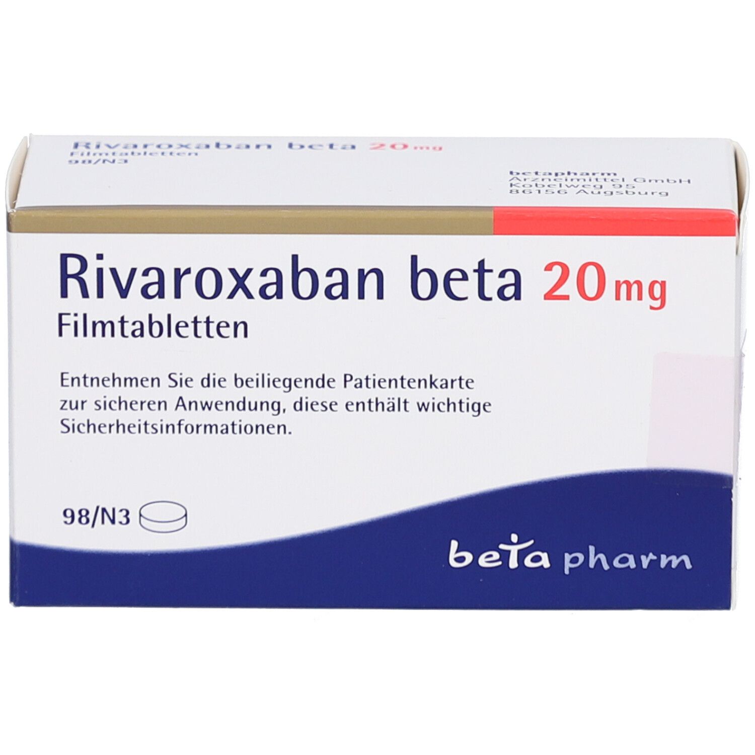 Schachtel mit RIVAROXABAN beta 20 mg Filmtabletten. Weiß, blau und rot. Schriftzug: beta pharm. 98/N3.