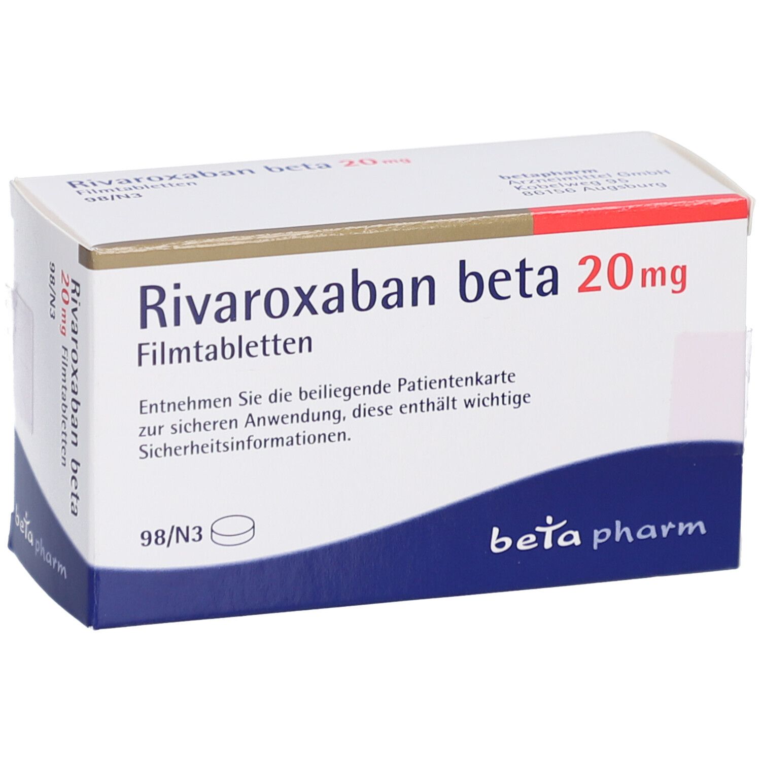 Schachtel mit RIVAROXABAN beta 20 mg Filmtabletten. Weiß, blau und rot. Schriftzug: beta pharm. 98/N3.