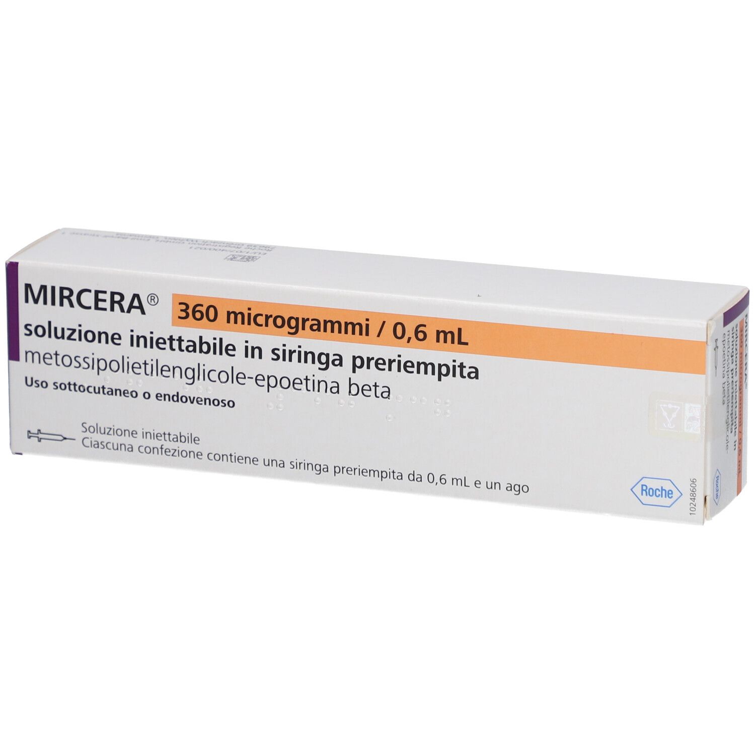 MIRCERA 360 Mikrogramm/0,6 ml Injektionslösung in Fertigspritze. Weiße Schachtel mit orangefarbener Leiste und Text.