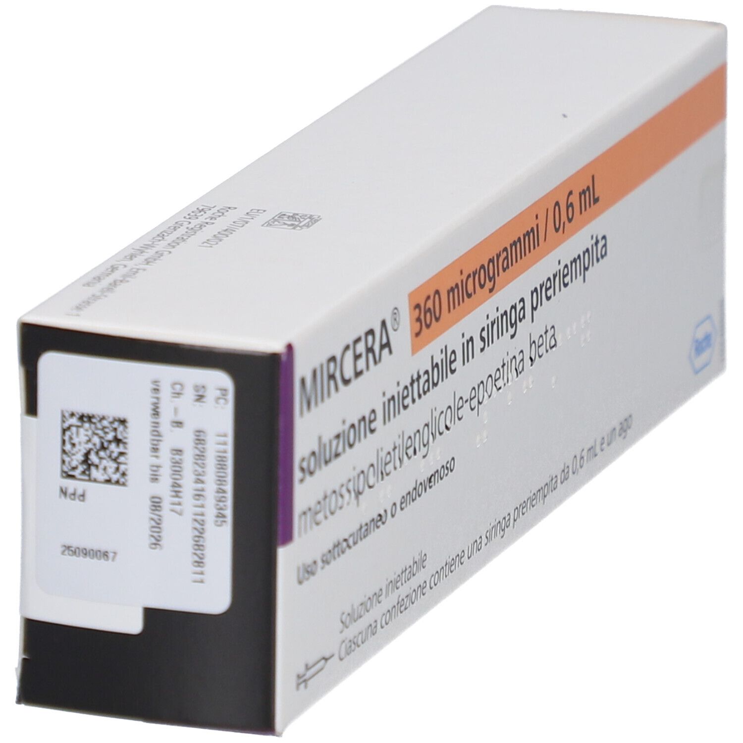 Schachtel MIRCERA 360 Mikrogramm/0,6 ml. Schwarze Ecke. Text in italienischer Sprache. Barcode und QR-Code.