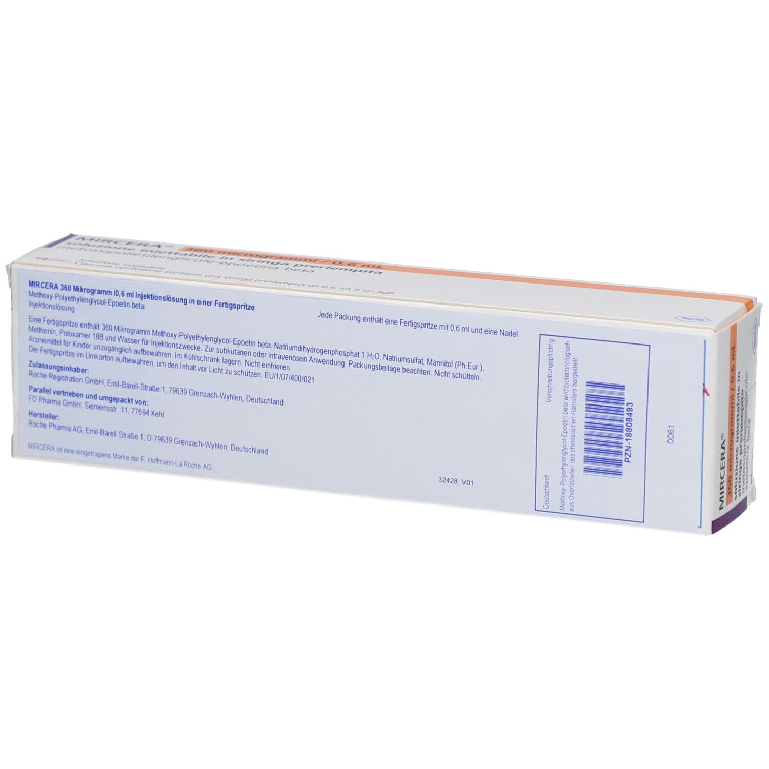 Rückseite der MIRCERA-Schachtel. Text in deutscher Sprache. Barcode und weitere Informationen.