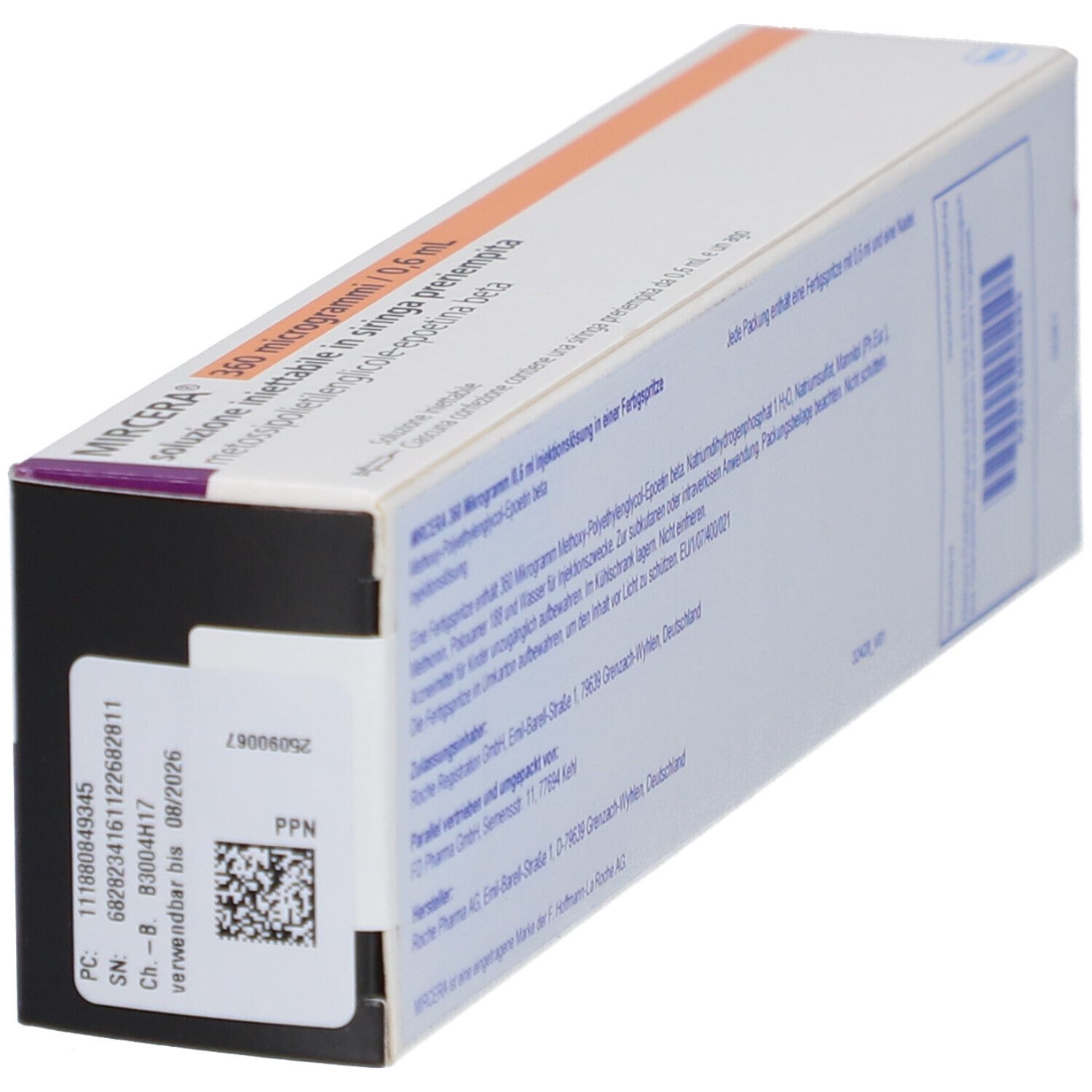 Schachtel MIRCERA 360 Mikrogramm/0,6 ml. Schwarze Ecke. Text in deutscher Sprache. Barcode.