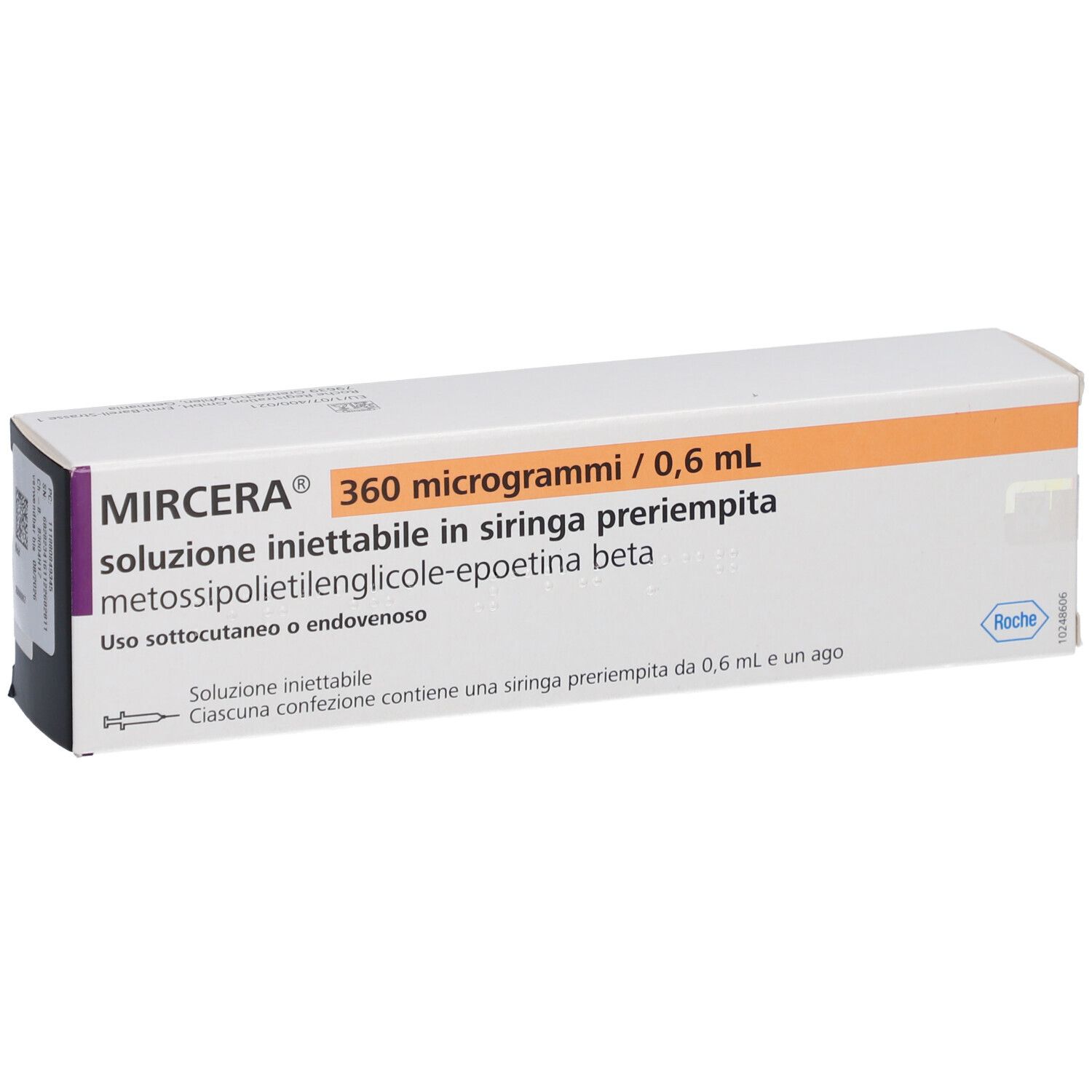 MIRCERA 360 Mikrogramm/0,6 ml Injektionslösung in Fertigspritze. Weiße Schachtel mit Text.