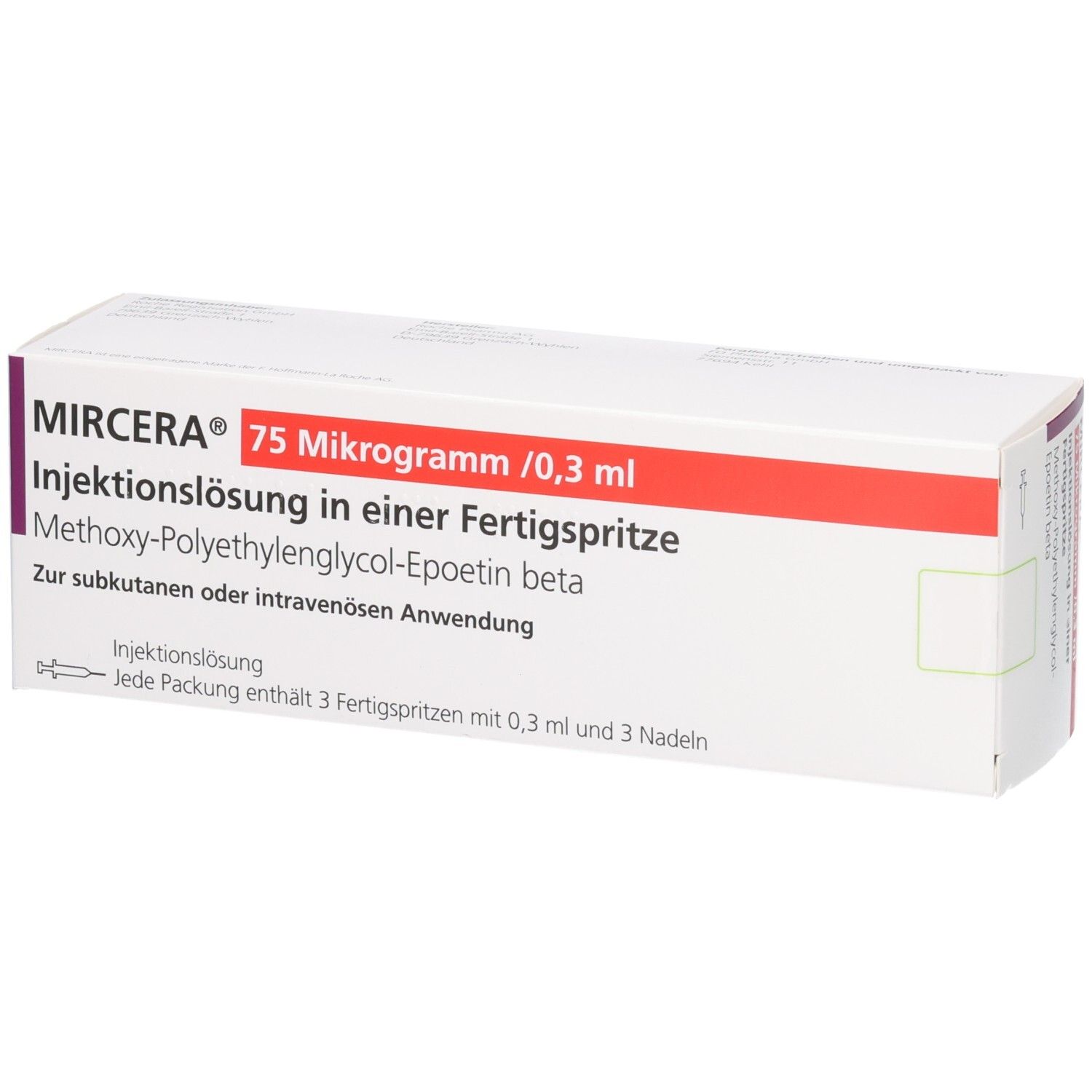 Mircera 75 Mikrogramm/0,3 ml Injektionslösung in Fertigspritze. Enthält 3 Fertigspritzen und 3 Nadeln.