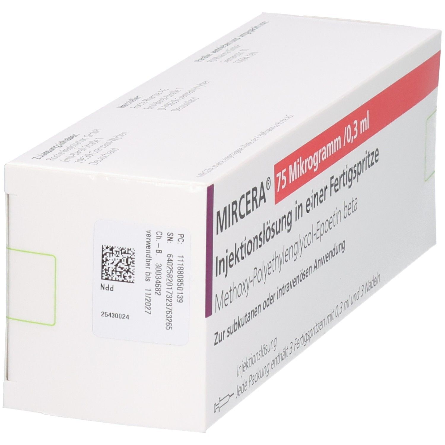 Mircera 75 Mikrogramm/0,3 ml Injektionslösung in Fertigspritze. Seitenansicht mit Chargennummer und Verfallsdatum.