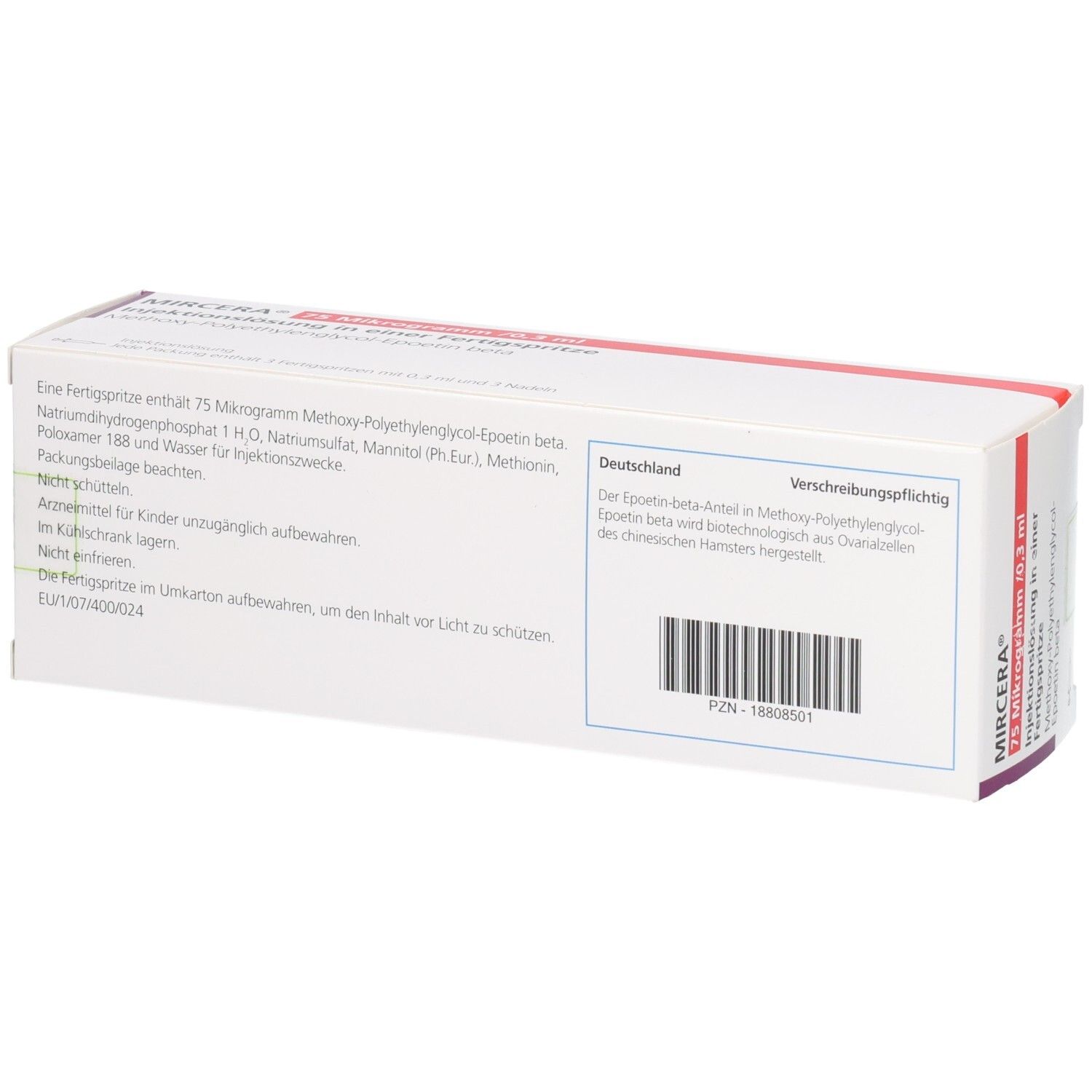 Mircera 75 Mikrogramm/0,3 ml Injektionslösung in Fertigspritze. Rückseite mit Inhaltsstoffen und Anwendungshinweisen.