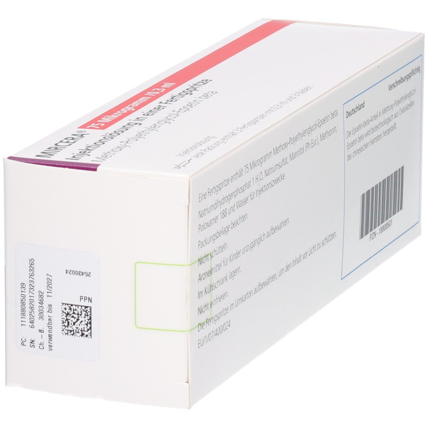 Mircera 75 Mikrogramm/0,3 ml Injektionslösung in Fertigspritze. Seitenansicht mit PZN und Barcode.
