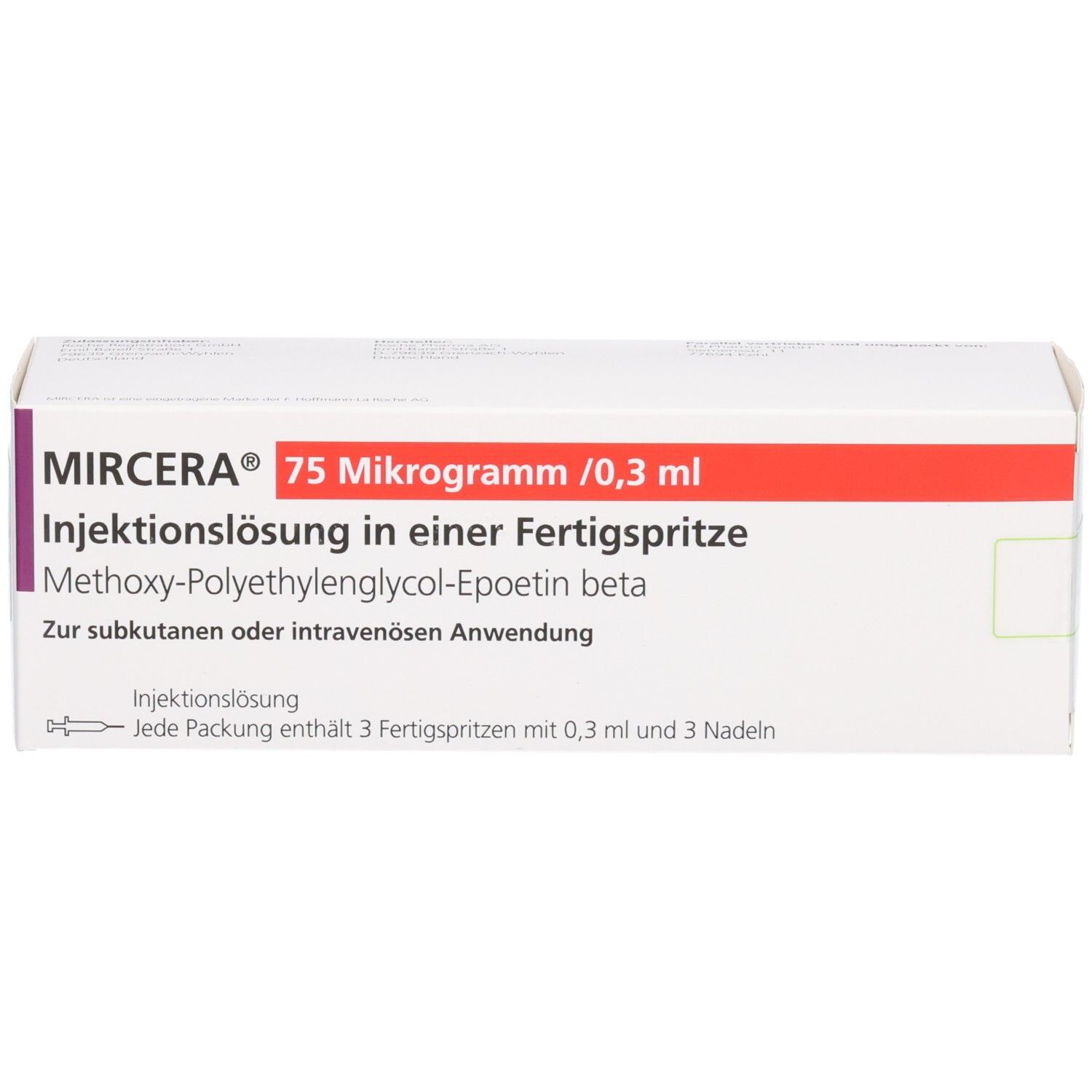 Mircera 75 Mikrogramm/0,3 ml Injektionslösung in Fertigspritze. Vorderseite mit Produktinformationen.
